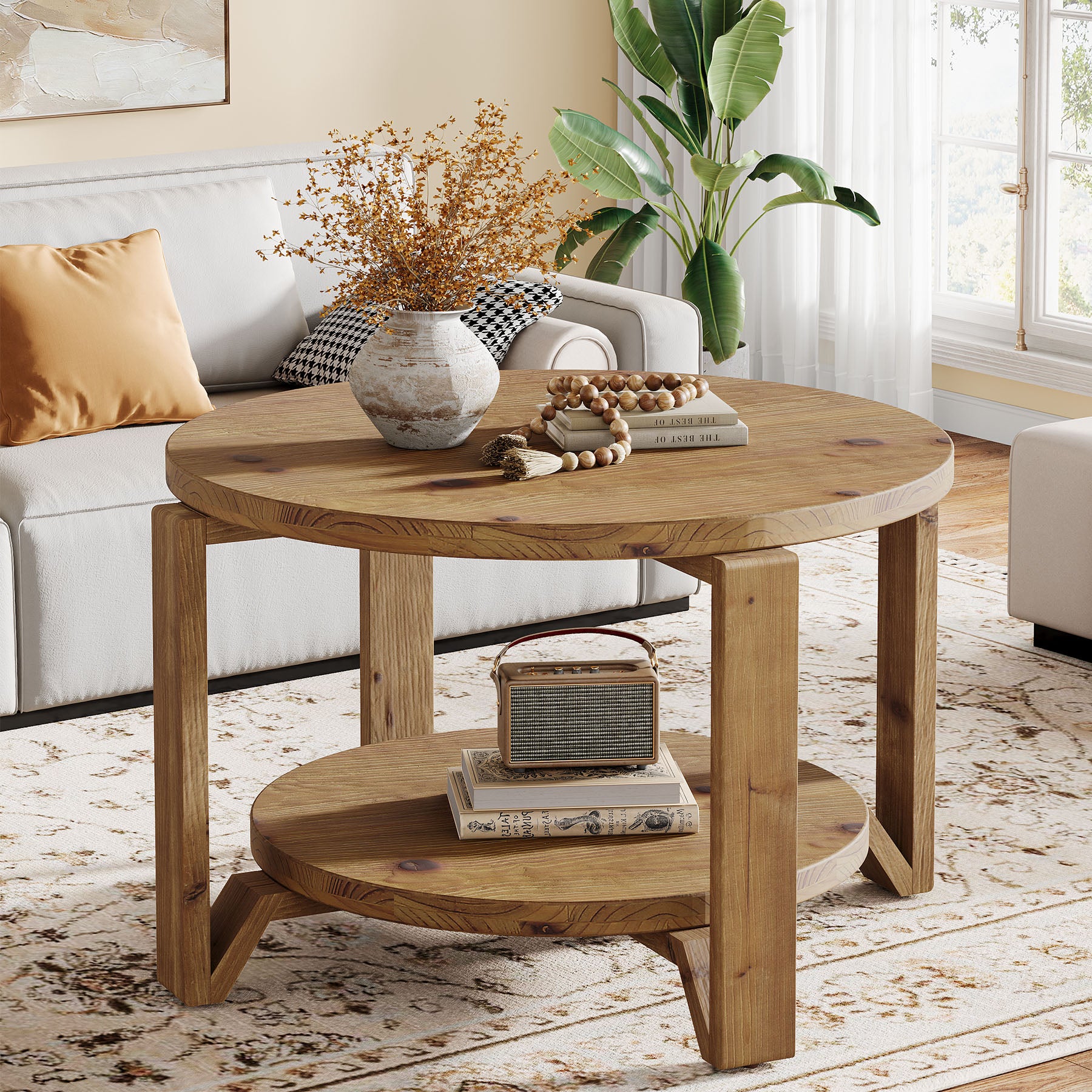 30" Solid Wood Coffee Table, Round Small Center Table with 2-Tier Storage