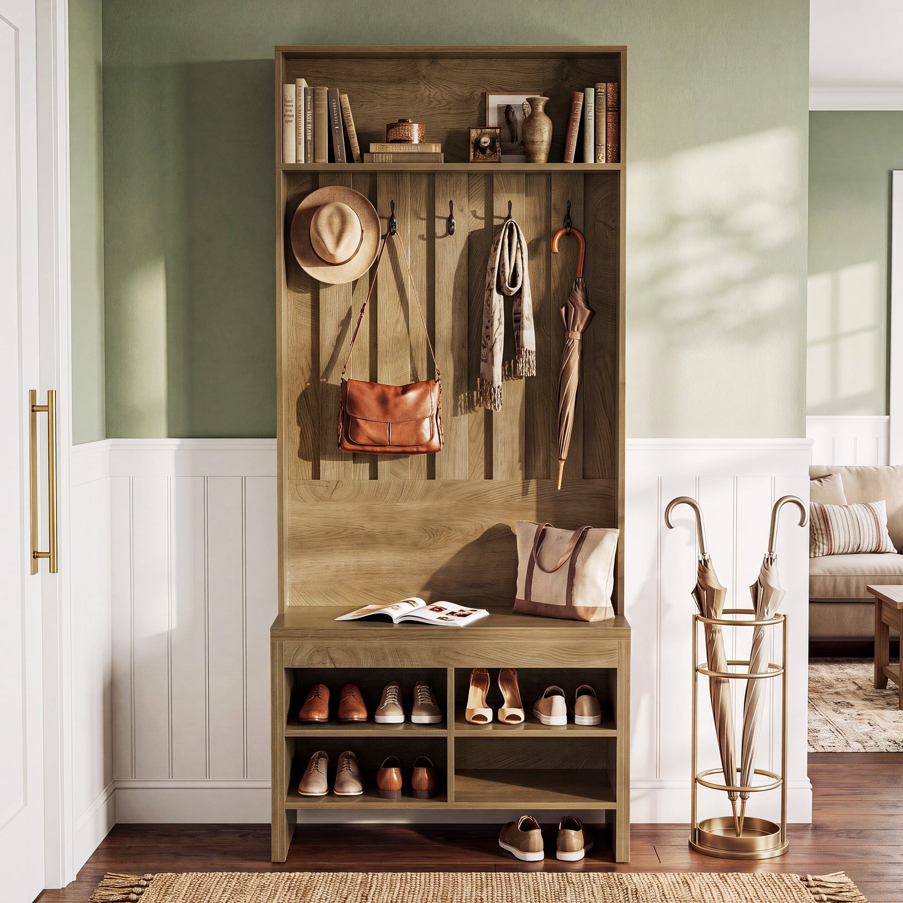70.8" Tall Hall Tree, Entryway Organizer with Bench & 5 Hooks
