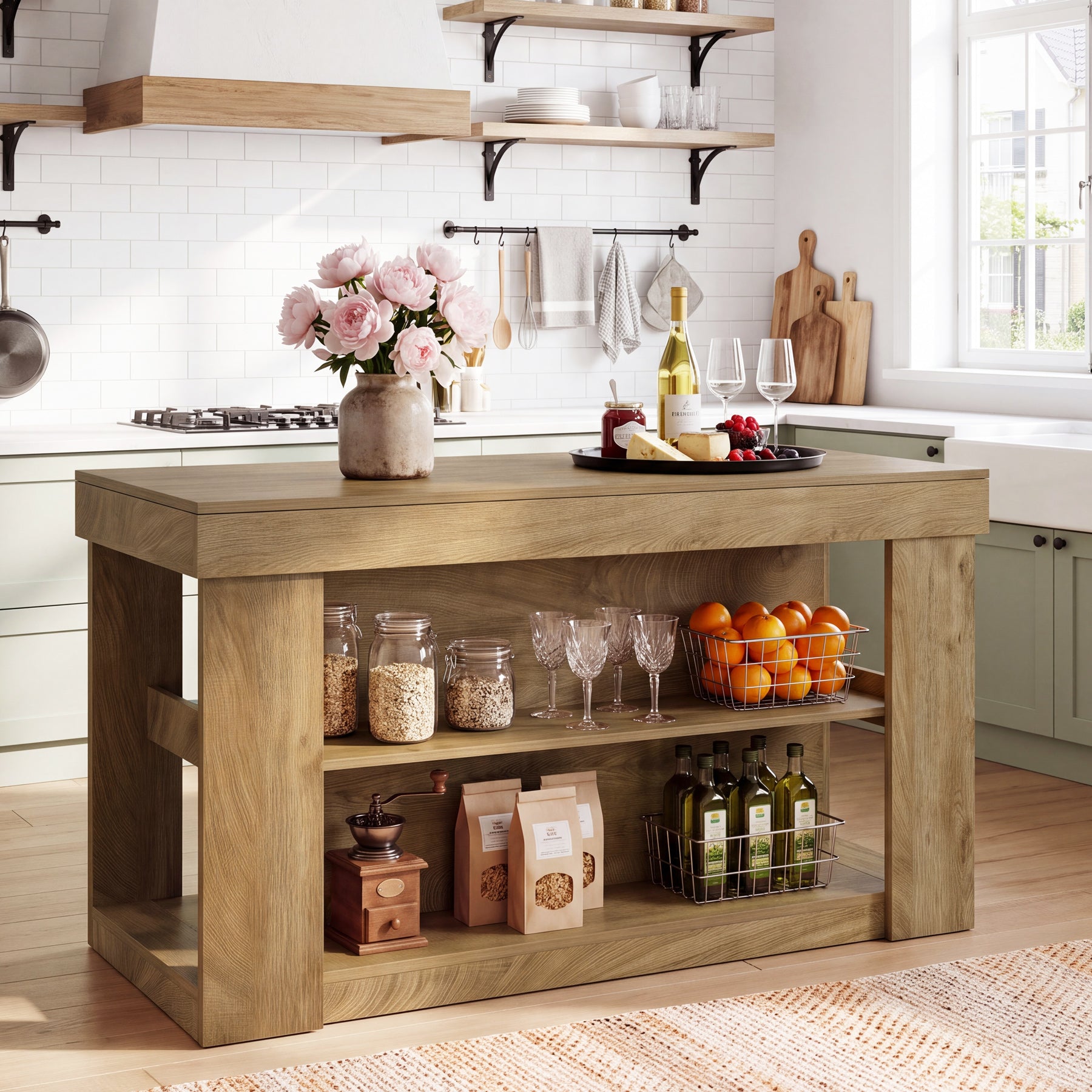 Tribesigns 55-Inch Kitchen Island with 2 Storage Shelves, Farmhouse Island Table with Seating