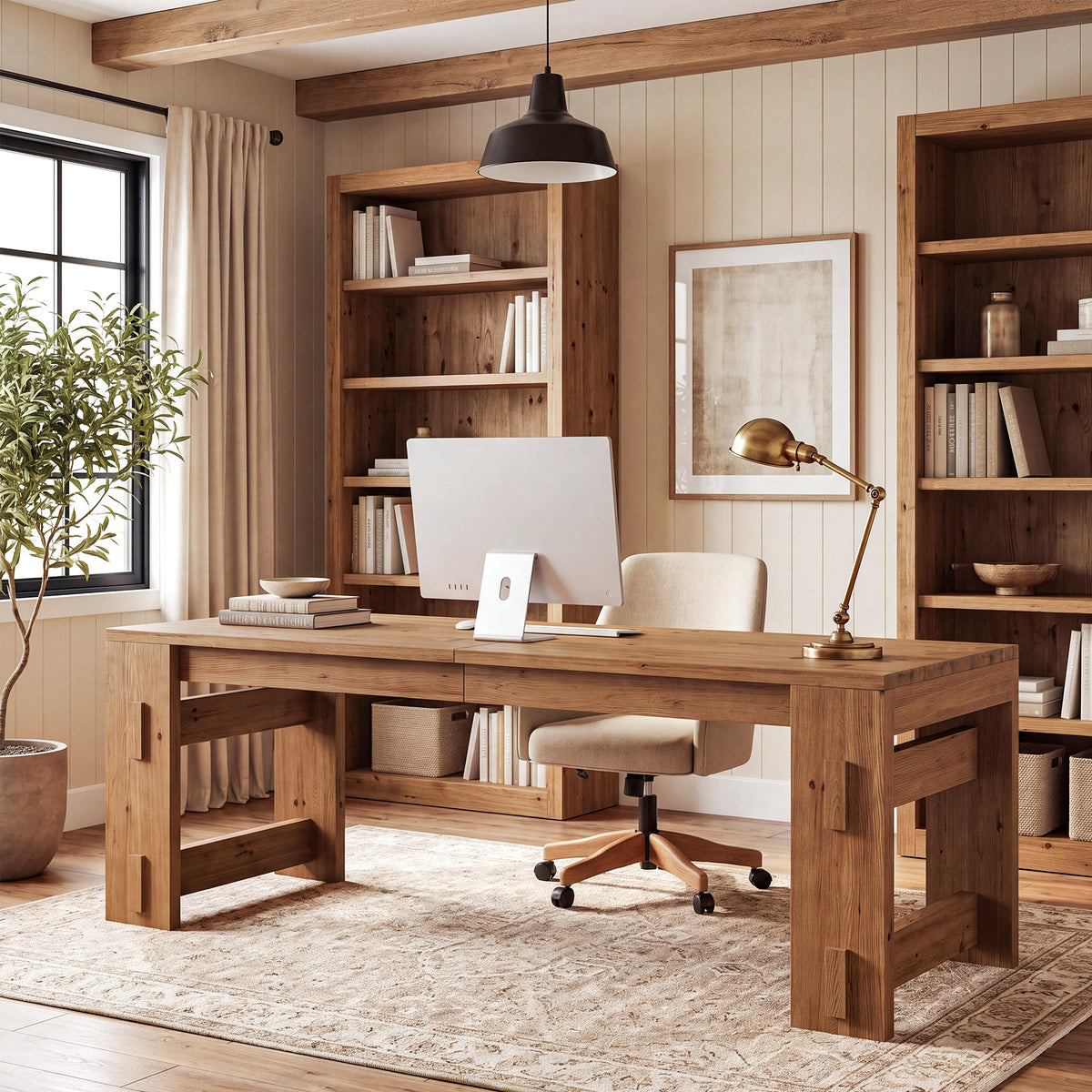 Solid Wood 2 Person Desk, 78.7" Office Computer Desk with Chunky Wood Legs