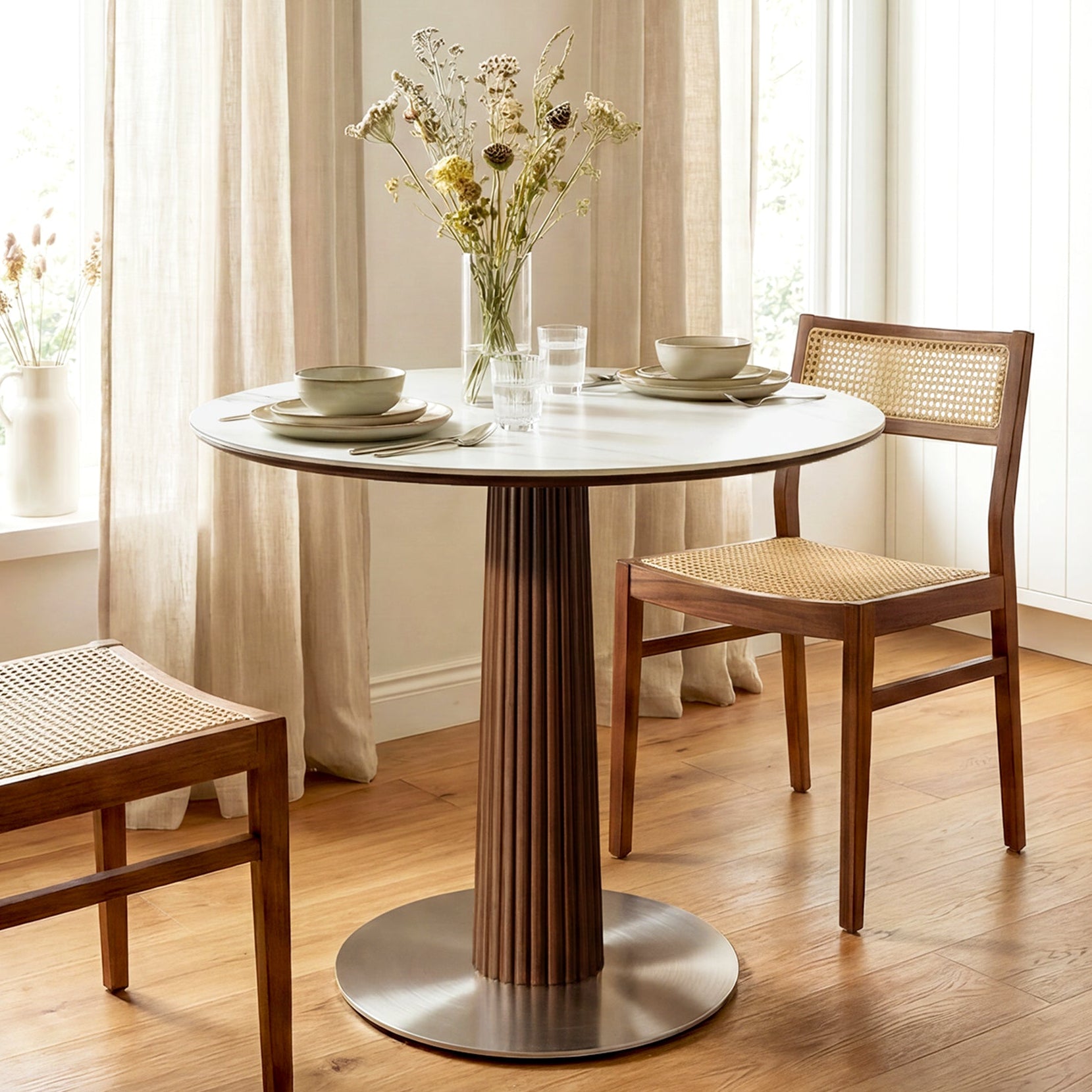 Round Dining Table, 31.5" Kitchen Table with Sintered Stone Tabletop & Steel Pedestal Base