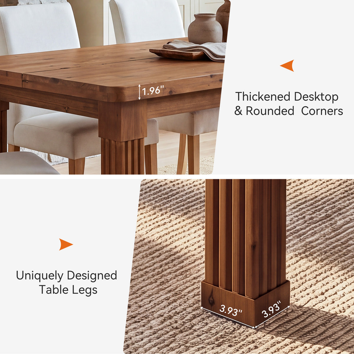 63" Farmhouse Solid Wood Dining Table for 4-6, Fluted Legs