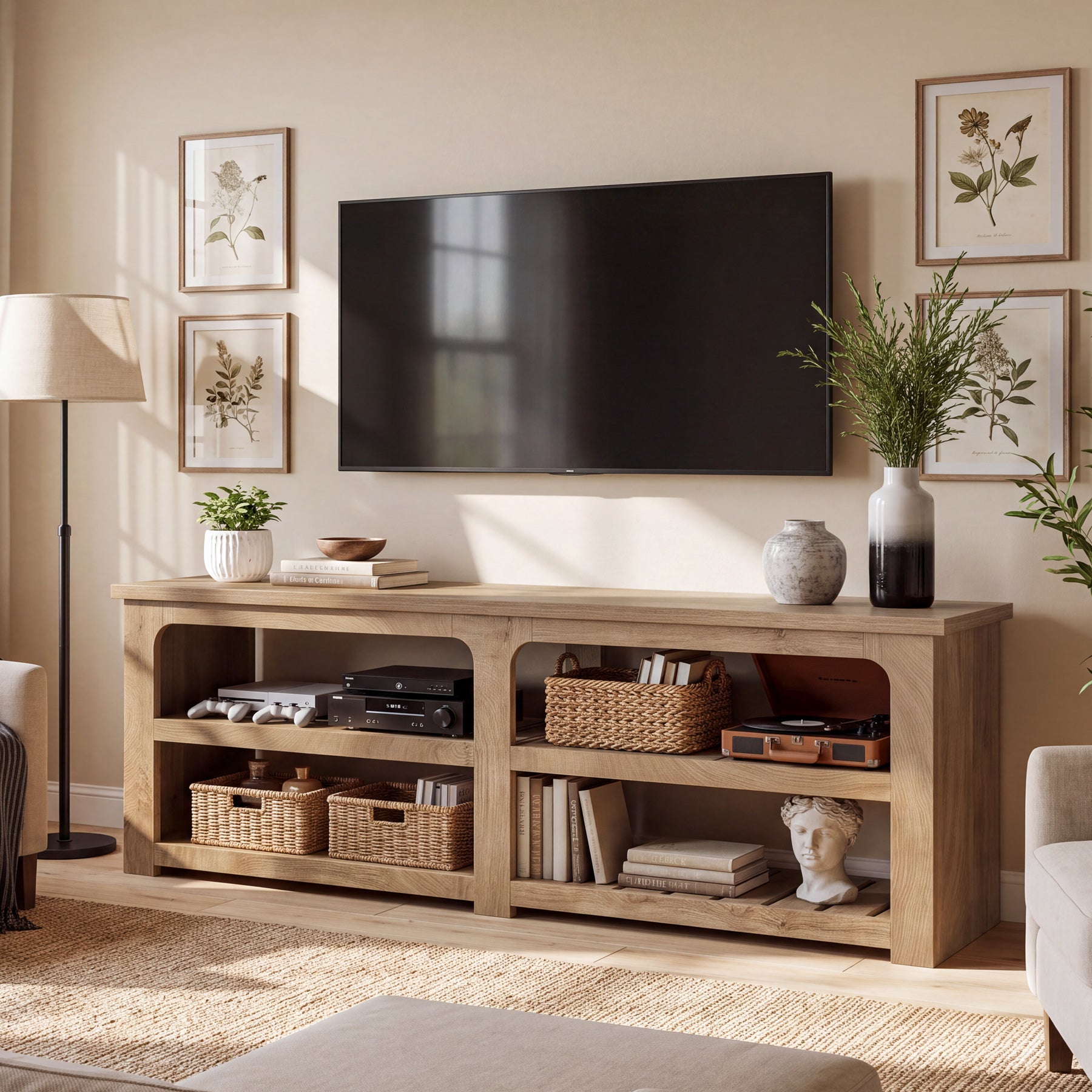 71" TV Stand for 75" TV, Farmhouse 2-Tier Entertainment Center, Storage Shelves, Living Room