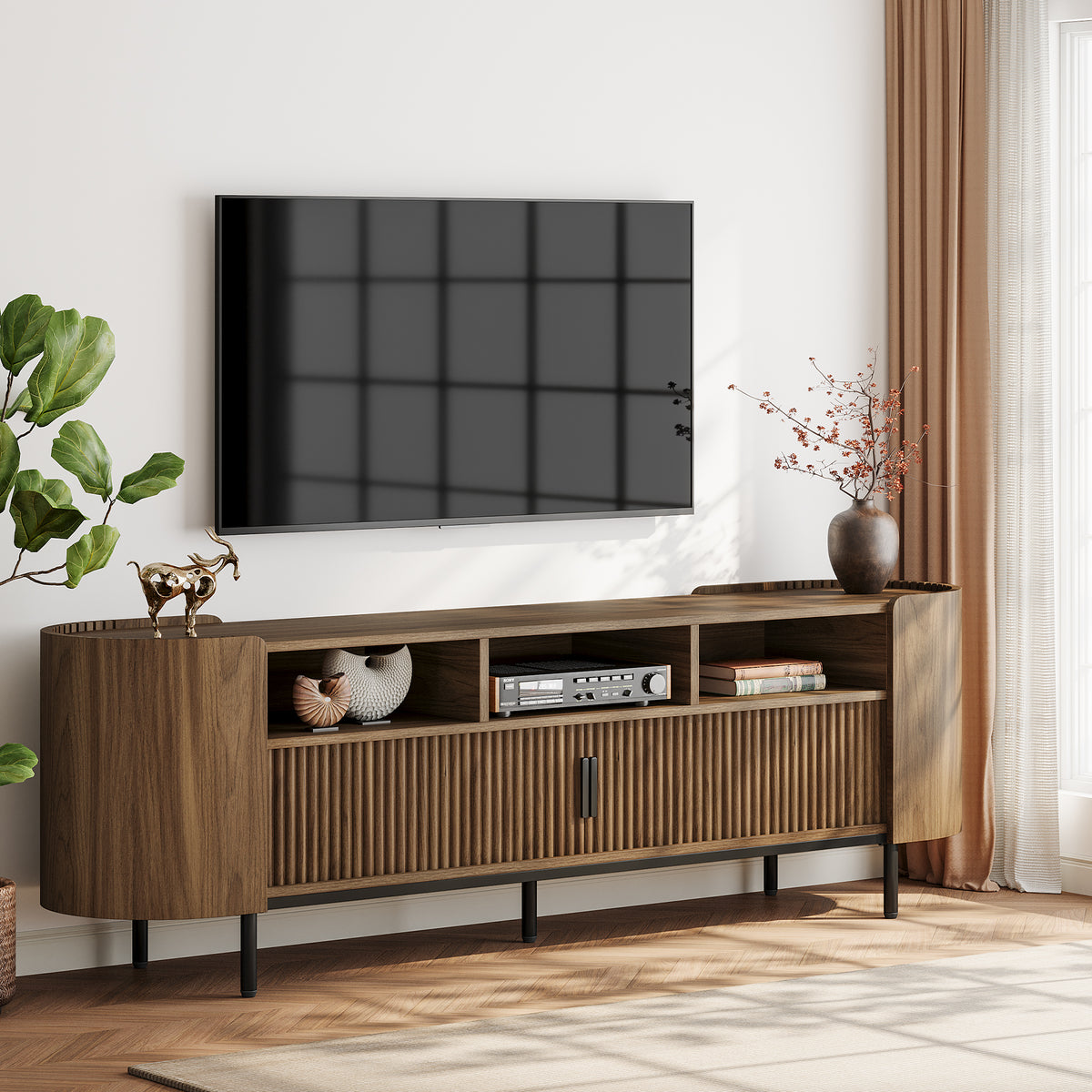 71 Inch TV Stand with Fluted Sliding Doors and Storage, Mid Century Media Console for Living Room