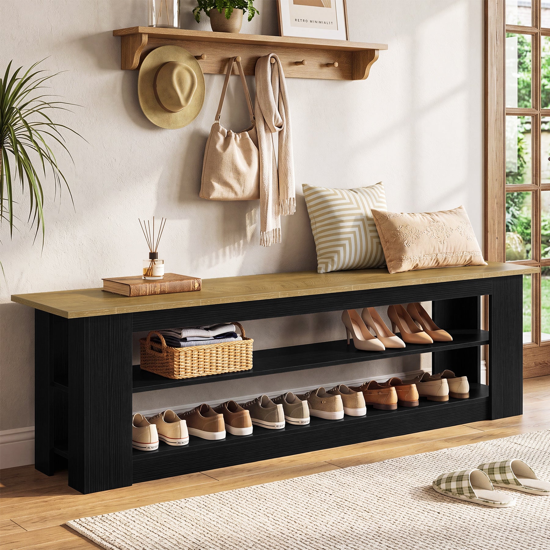 70.87" Entryway Bench with Shoe Storage, Indoor Seating for Hallway, End of Bed