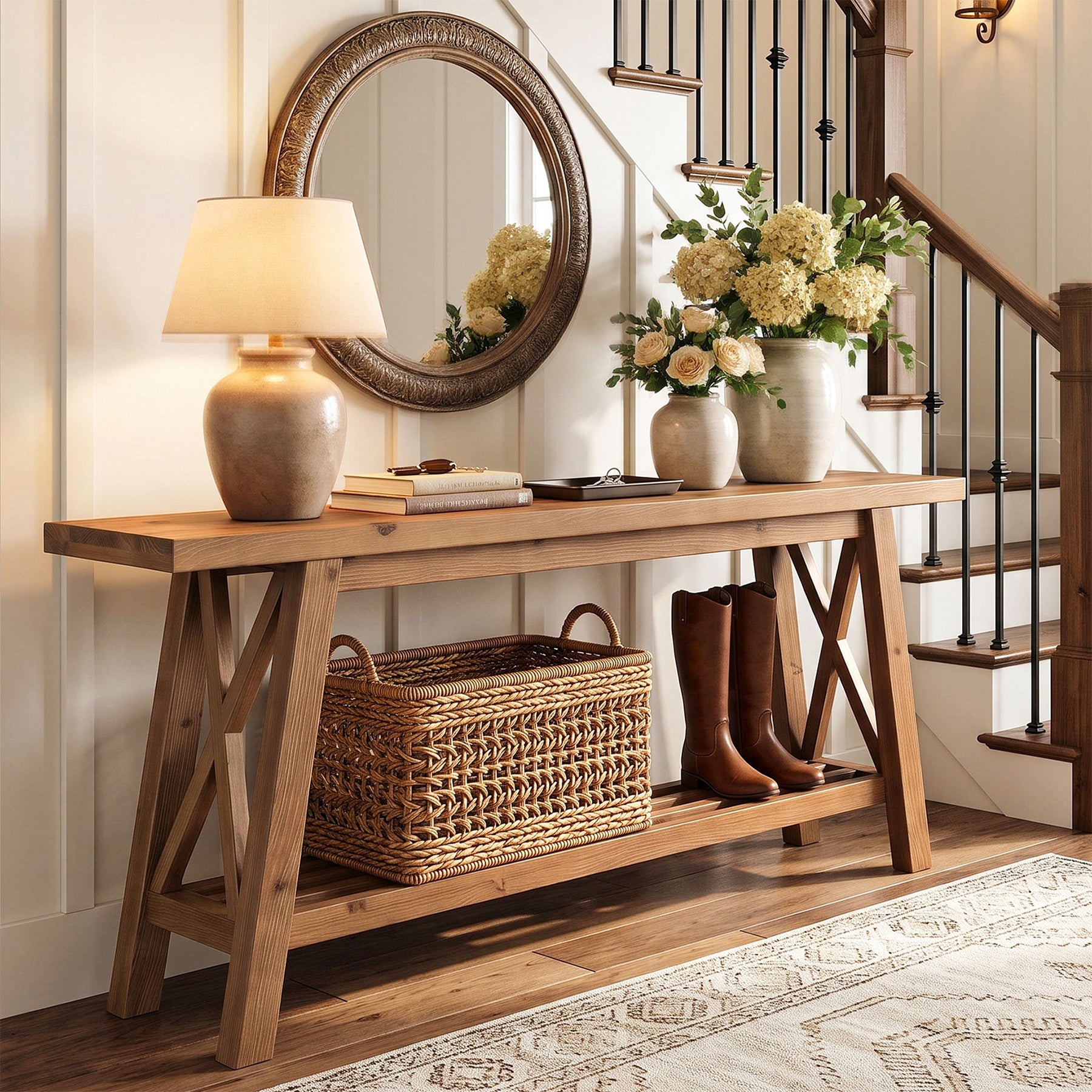 63" Console Table with Storage, Solid Wood X-Brace Sofa Table, 2-Tier Entryway Table