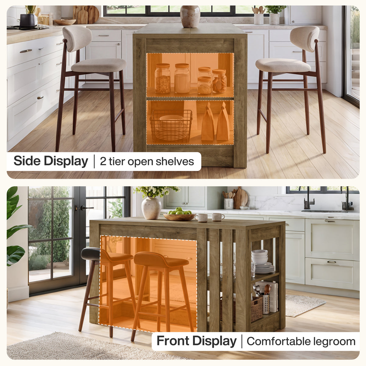55" Kitchen Island, Farmhouse Stationary Island Table with 2-Tier Storage & Slatted Side Panel