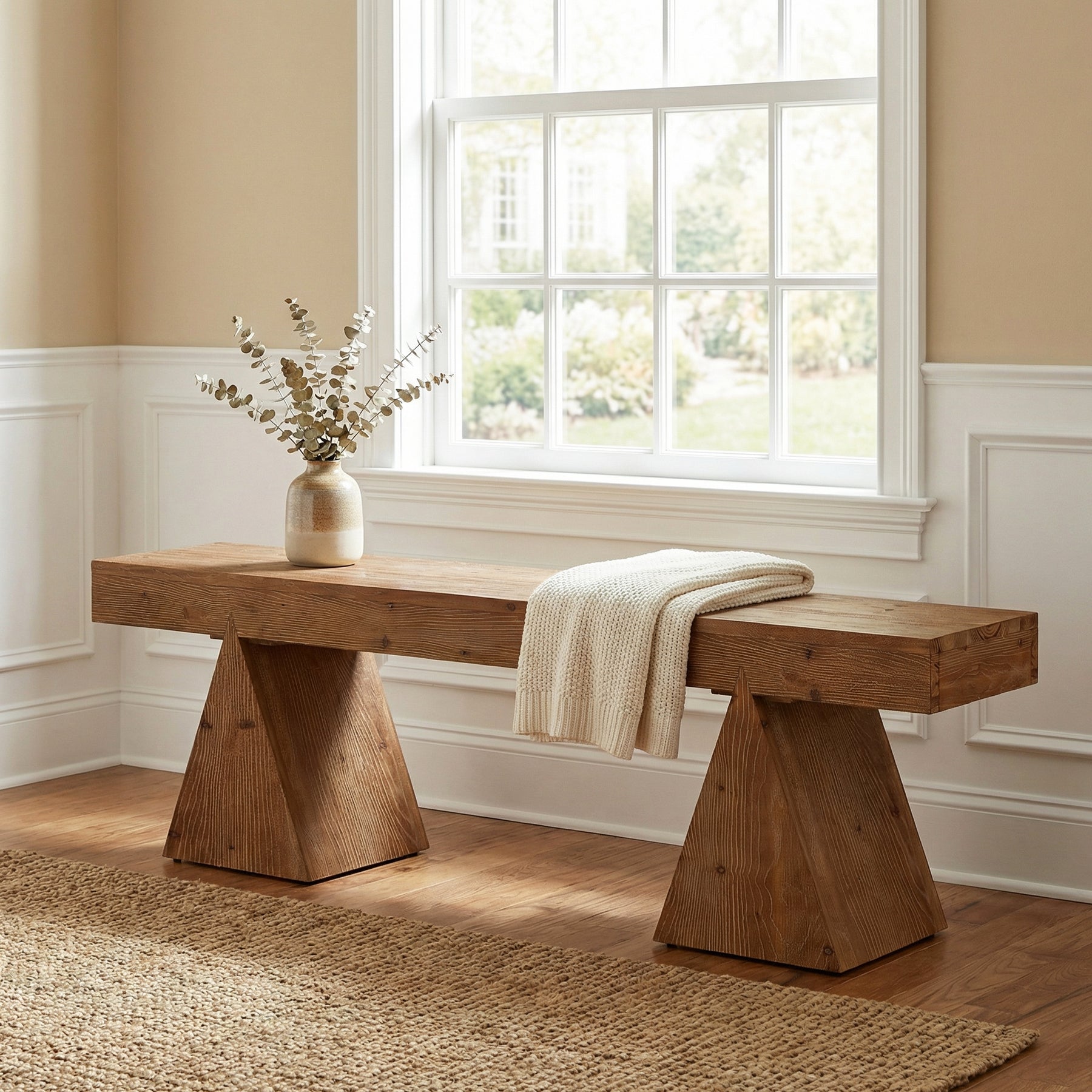 Solid Wood Entryway  Bench, 63" End of Bed Bench with Triangle Base