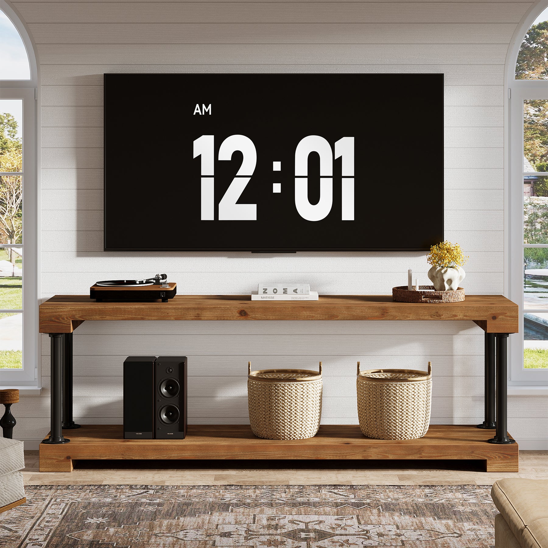 Tribesigns 63-Inch Solid Wood TV Stand, Vintage Media Console Table with Storage