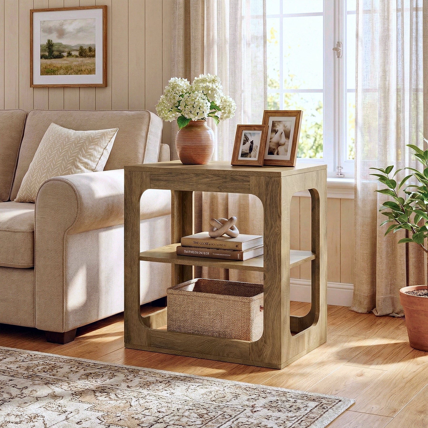 3-Tier End Table with Storage Shelves, Rustic Brown Side Table for Living Room and Bedroom