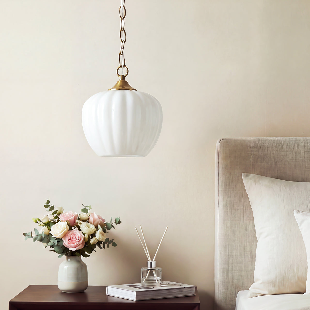 Milky White Ribbed Glass Pendant Light, Brass Adjustable Hanging Light