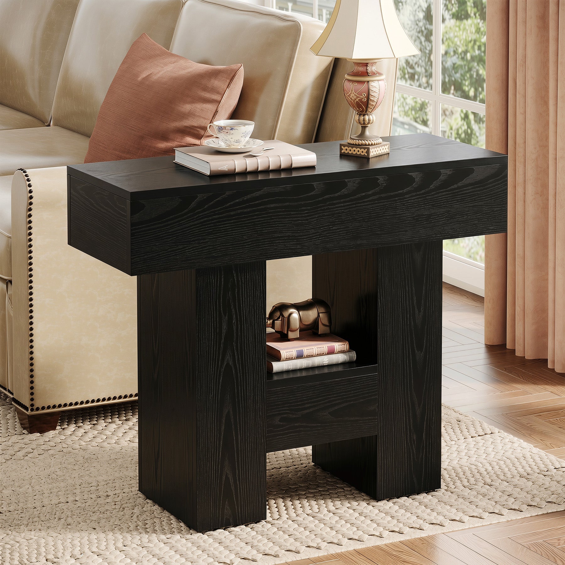 31.5" End Table, Farmhouse Sofa Side Table with 2-Tier Shelf and Heavy Duty Base
