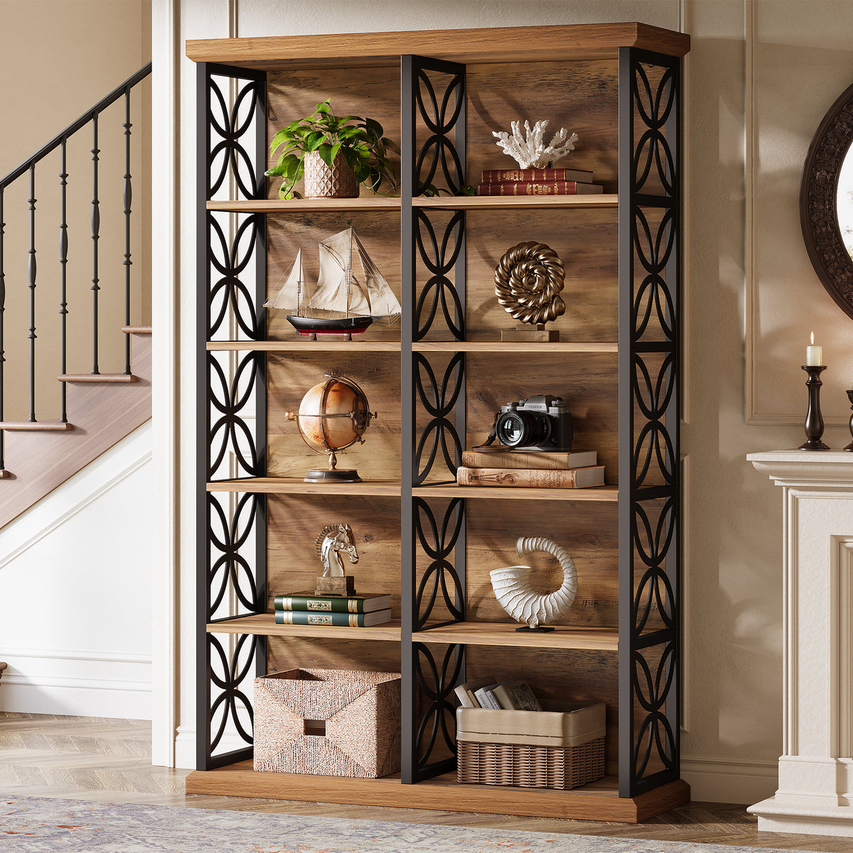 75" Industrial 6-Tier Bookcase, 10-Cube Metal Frame Freestanding Bookshelf, Home Office