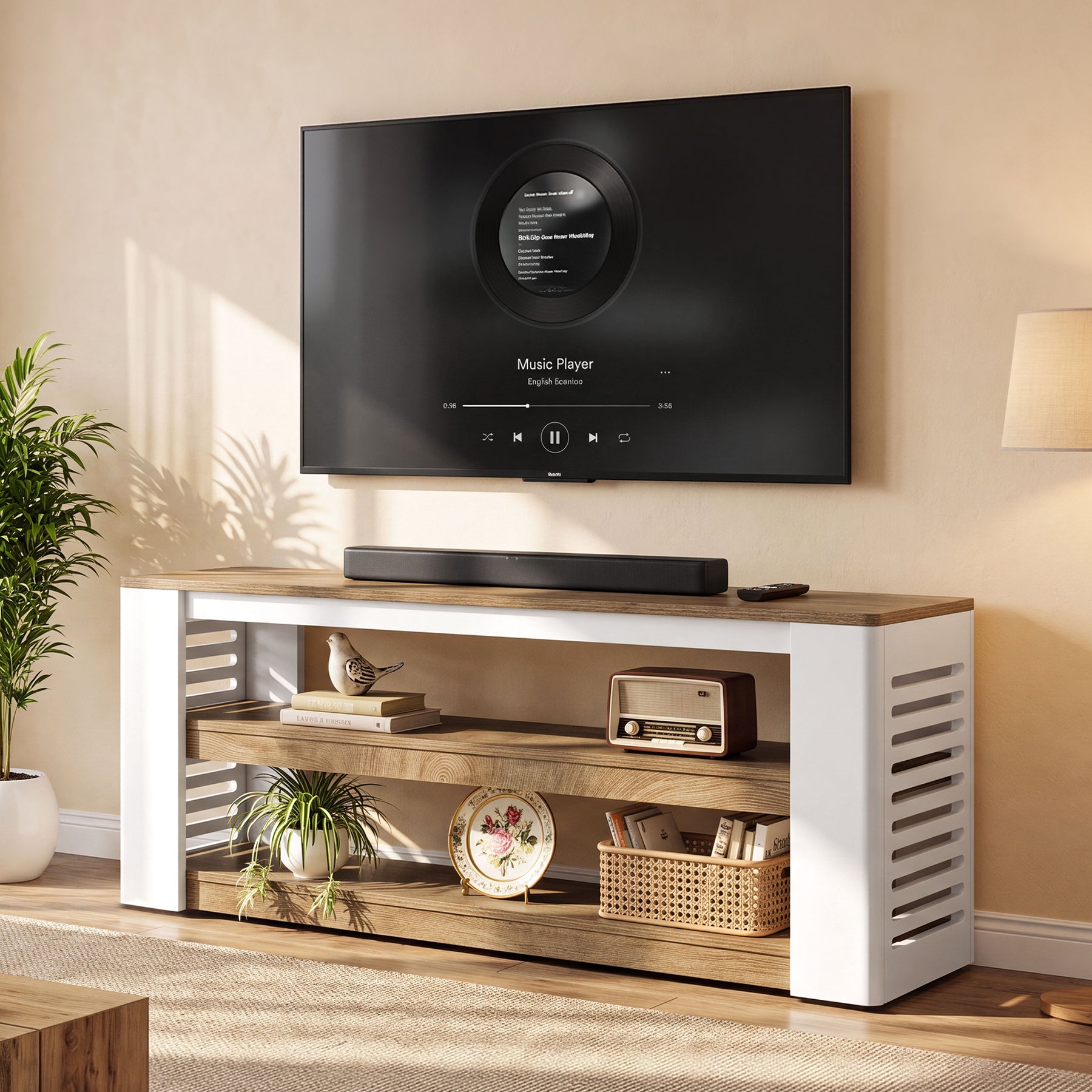 63" Farmhouse TV Stand, Entertainment Center with 3-Tier Storage Shelves for 75" TV