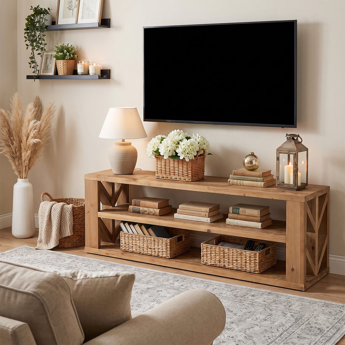 3-Tier Solid Wood TV Stand for TVs up to 55", Entertainment Center with Open Shelf for Living Room