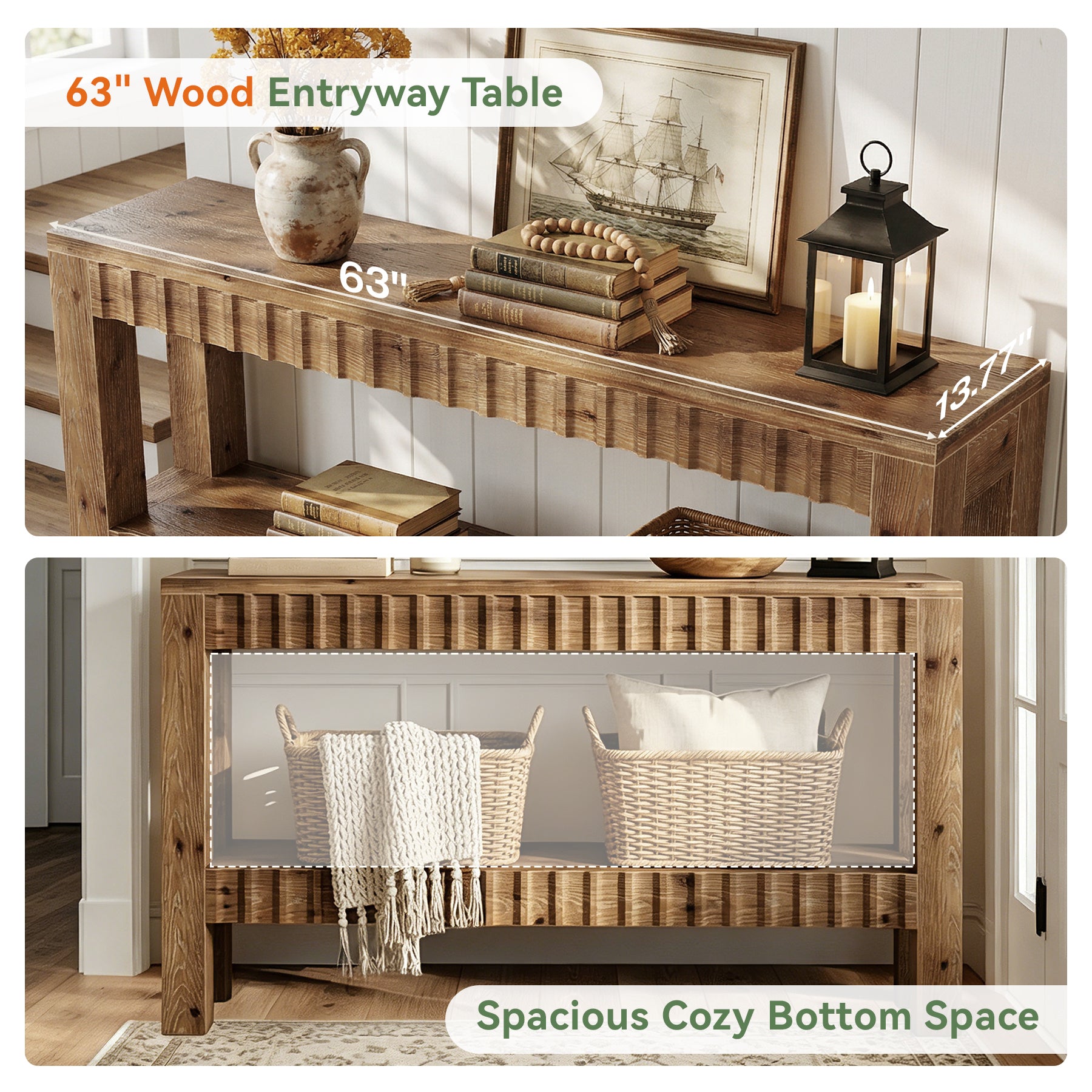 63" Solid Wood Console Table with Storage, Farmhouse Narrow Sofa & Entryway Table with 2-Tier Shelf