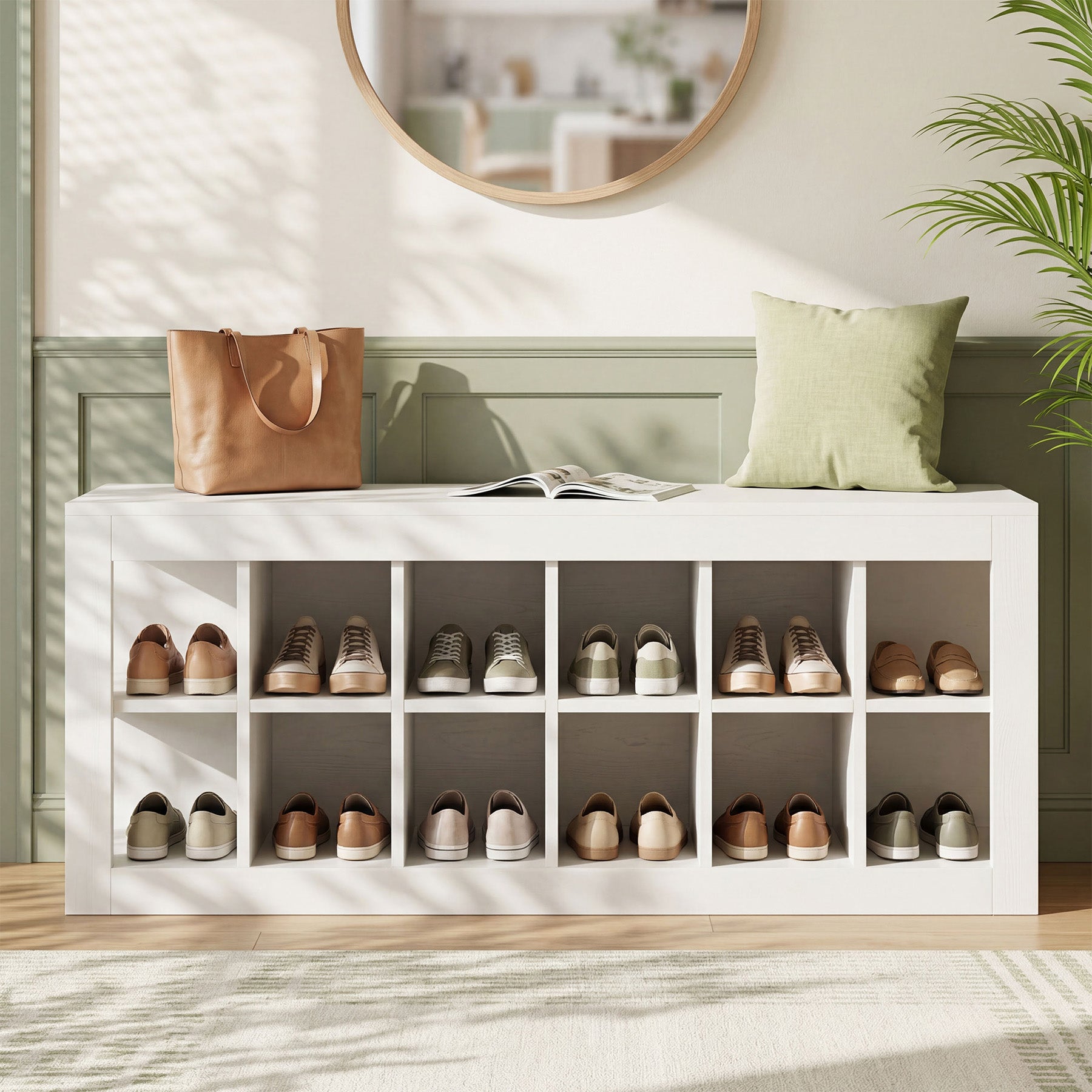 52.36" Shoe Storage Bench with 12 Cubbies, Wooden Entryway Bench for Hallway