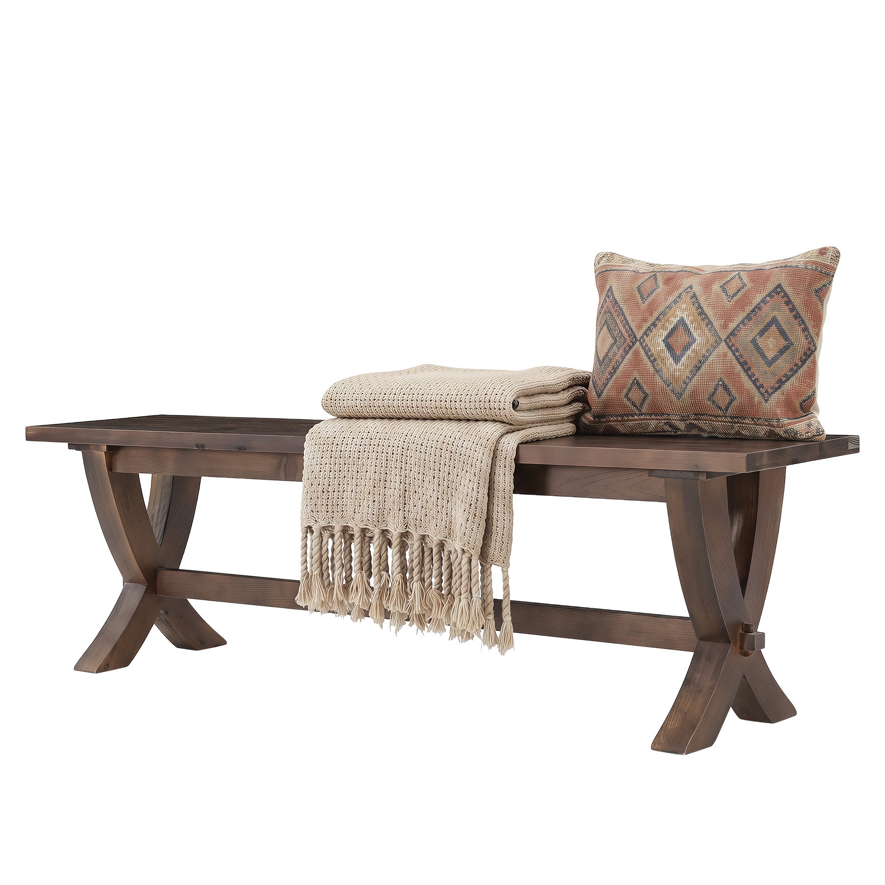 59" Solid Wood Entryway Bench, Farmhouse Wooden Bench with X-Frame Legs