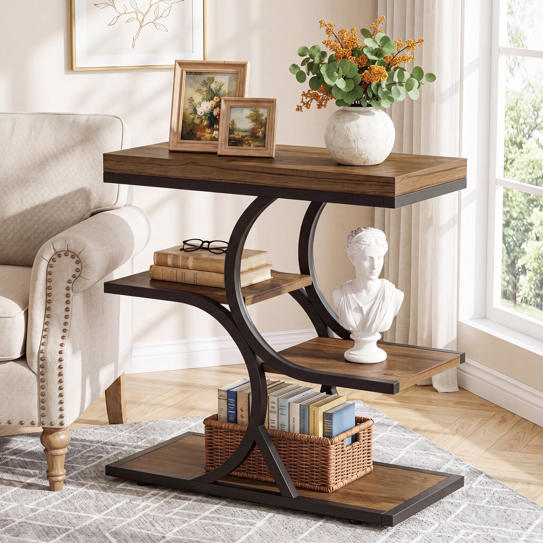23.62" End Table with 4-Tier Shelf, Narrow Side Table with Metal Frame for Small Spaces