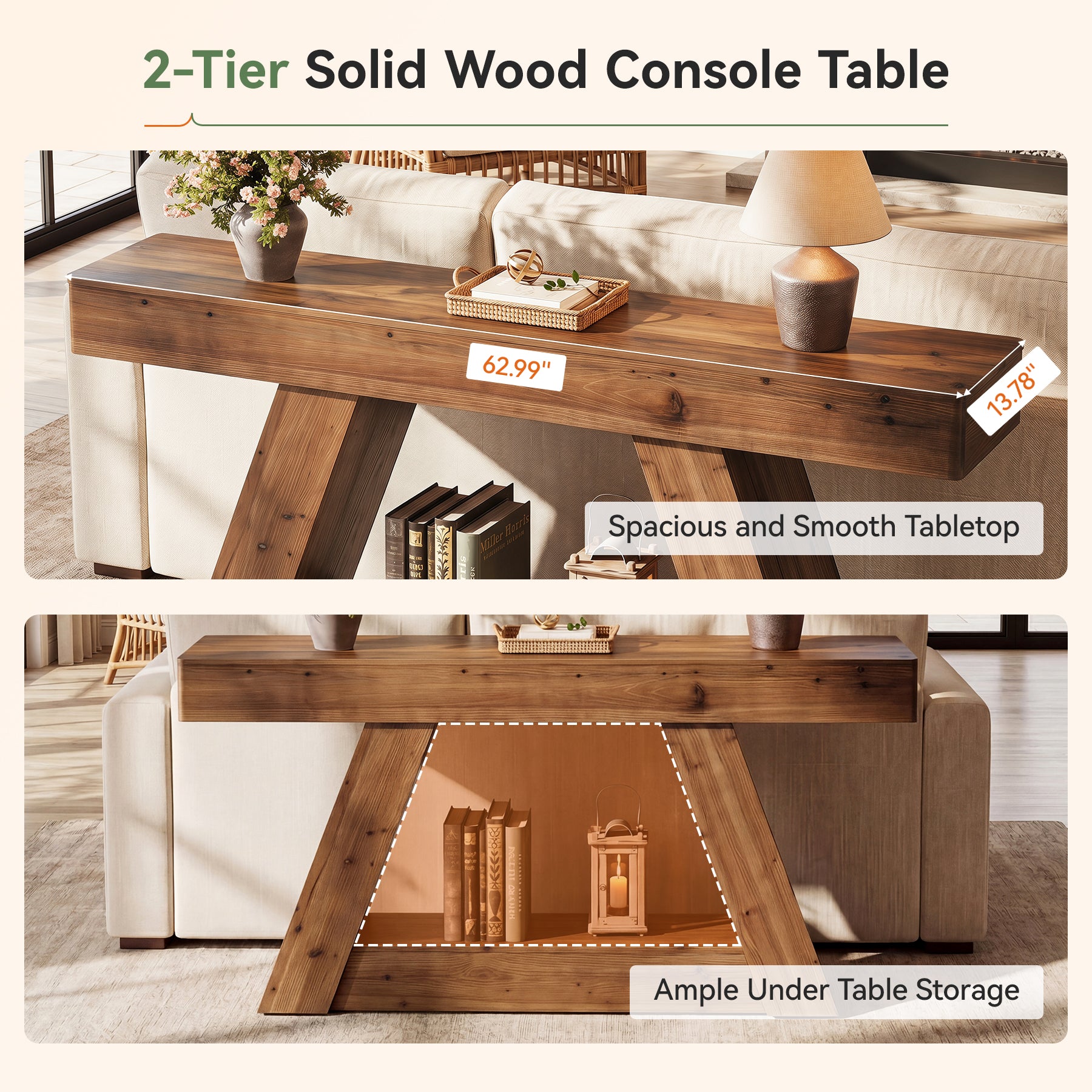 63” Solid Wood Console Table, Farmhouse Sofa Table Behind Couch with 2-Tier Storage for Hallway