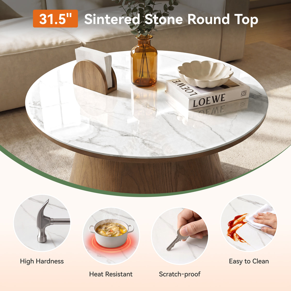 32" Round Coffee Table with Sintered Stone Top, Sculptural Solid Wood Pedestal Base