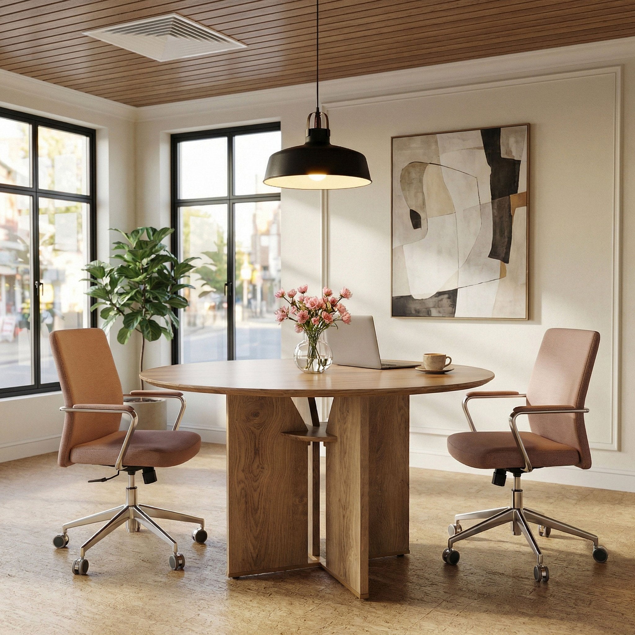 39.37" Conference Table for 4, Round Office Table with Lower Storage Shelf