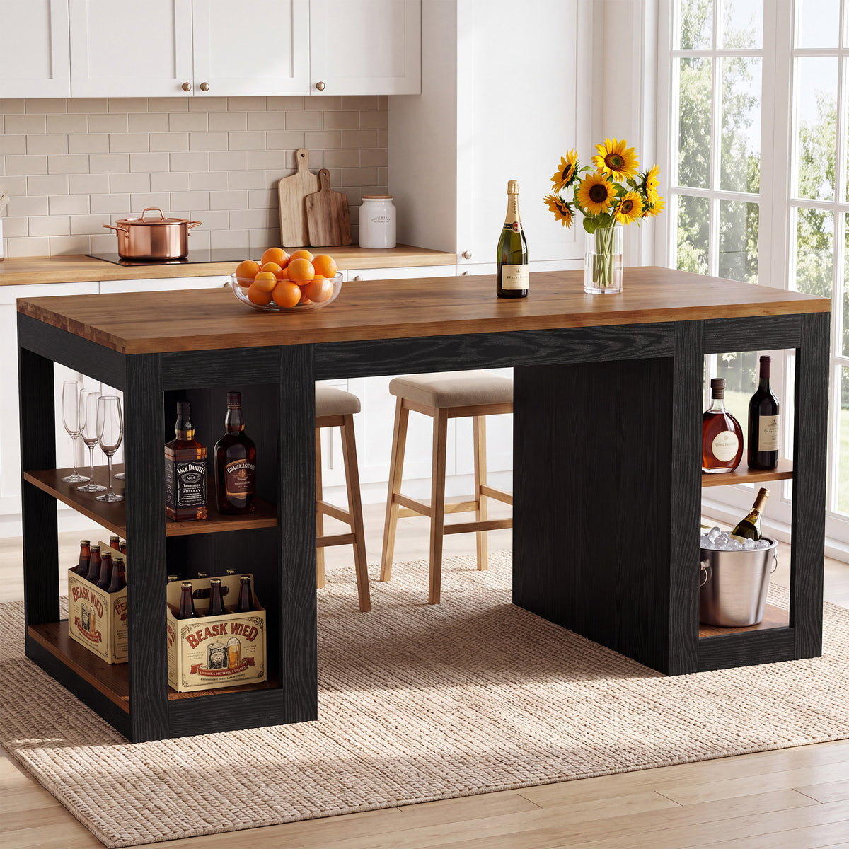 63" Solid Wood Counter Height Bar Table with 2-Tier Storage & Thick Top