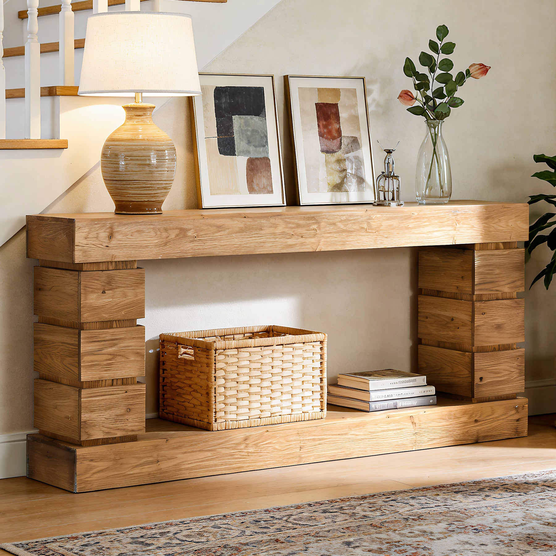62.9" Solid Wood Console Table with Storage Shelf, Narrow Entryway Sofa Table for Hallway or Living Room