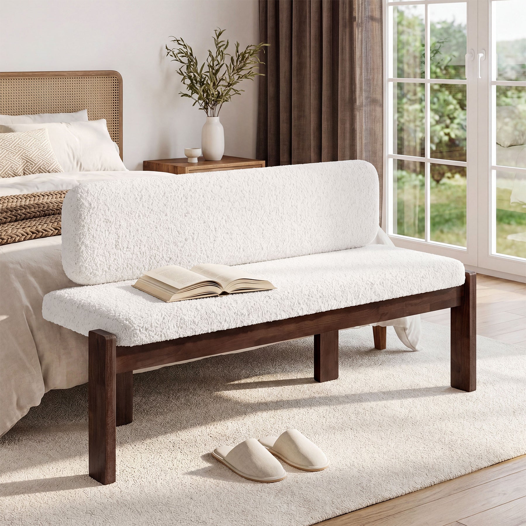 55.12" Upholstered Solid Wood Bench, End of Bed Bench with Backrest