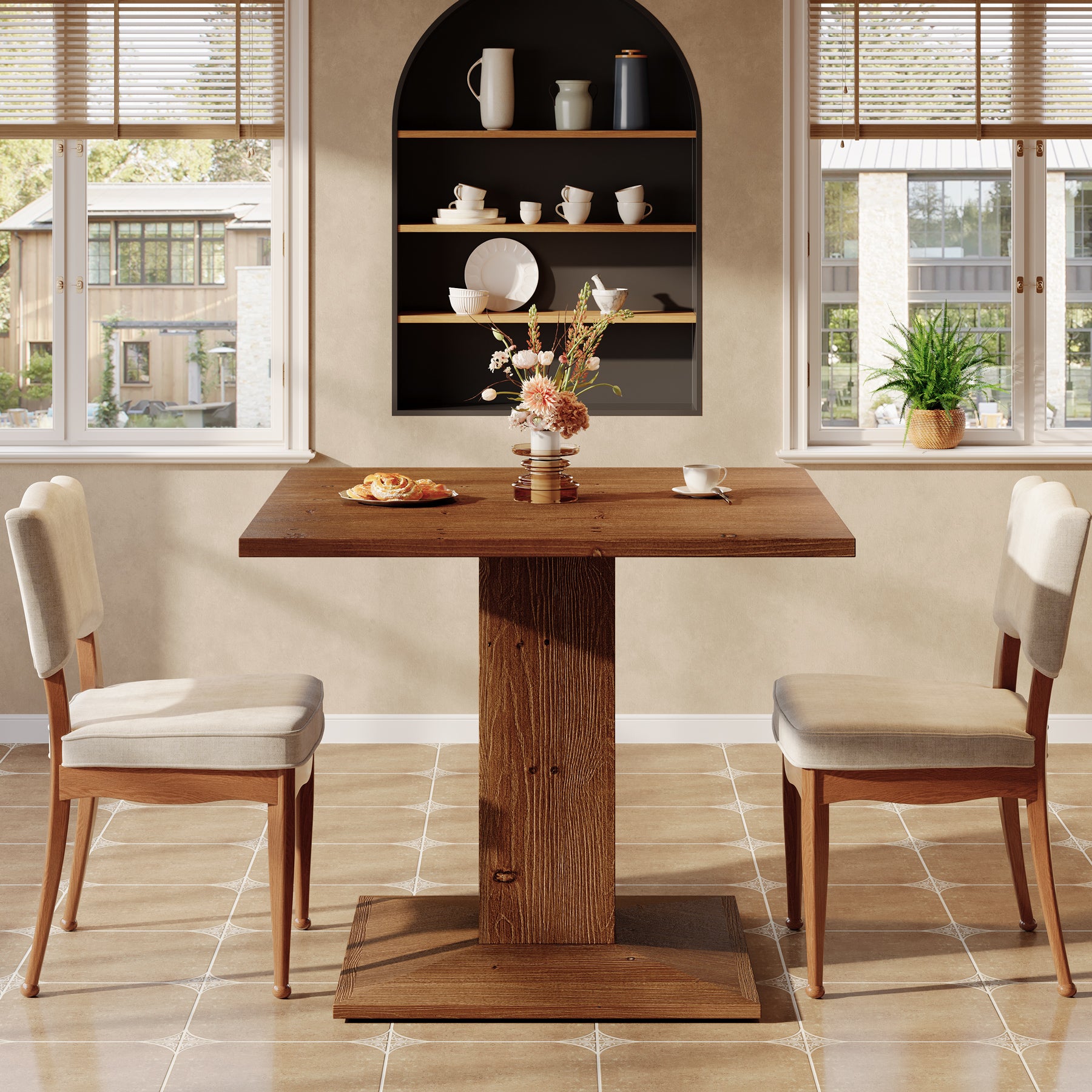 Solid Wood Square Dining Table for 4, 31.5" Kitchen Table with Pedestal Base