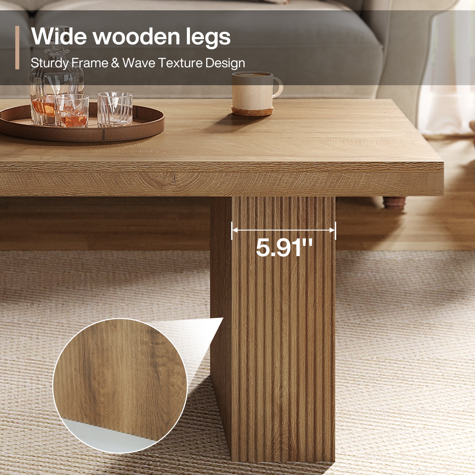 47.2" Wooden Coffee Table, Rectangle Center Table with Thick Base