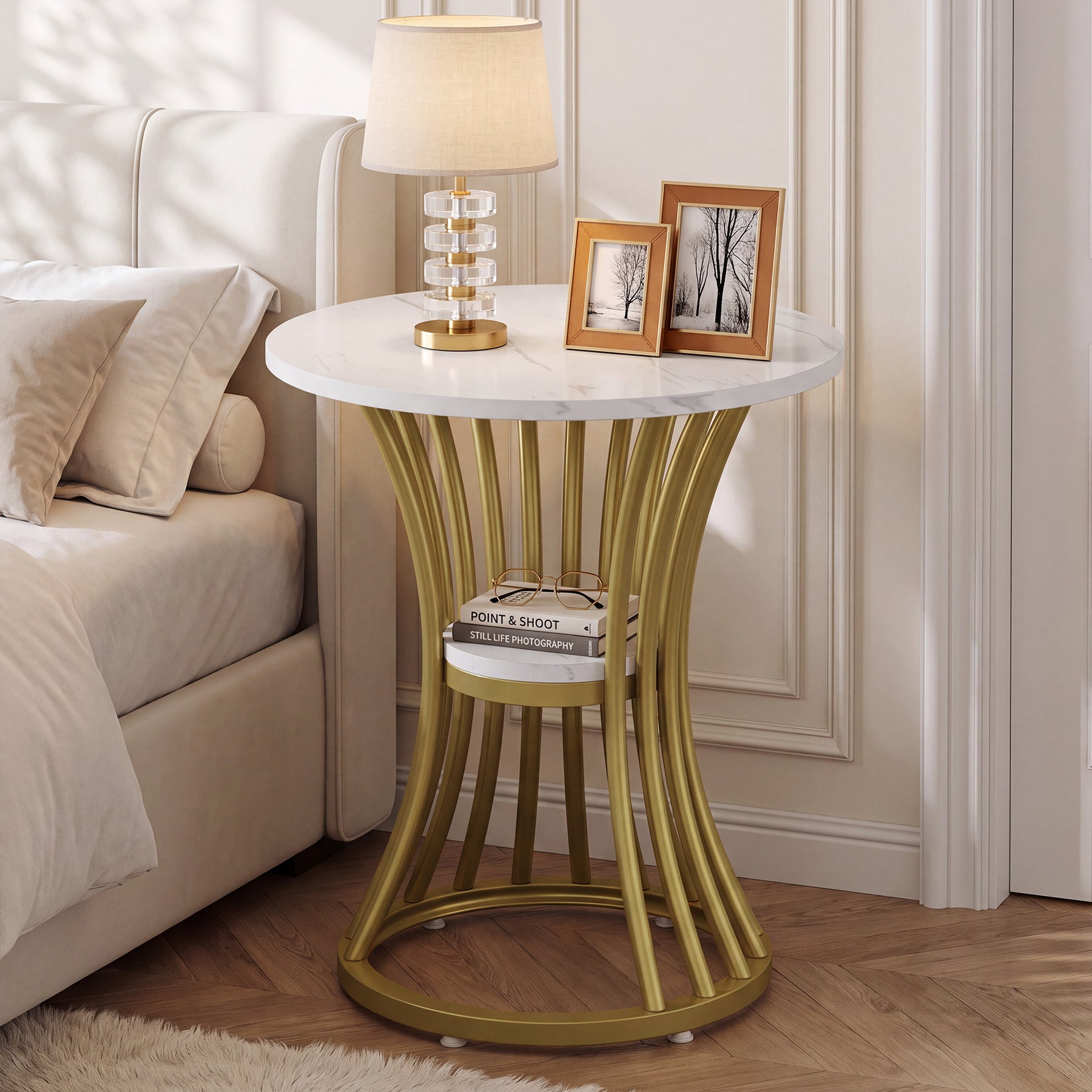 19" Round Faux Marble End Table, 2-Tier Modern Side Table, Indoor Outdoor, Living Room Patio