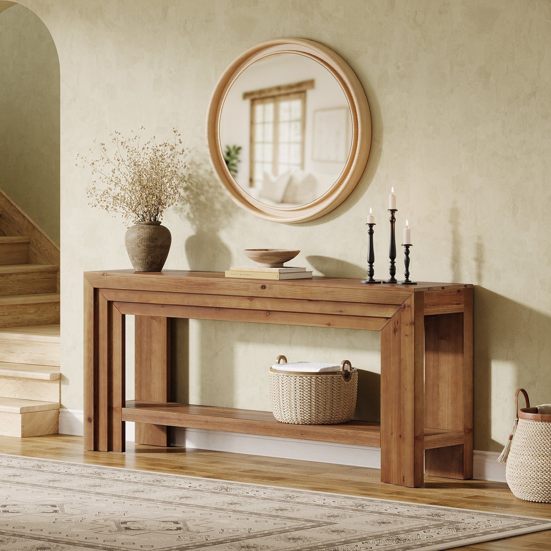 63" Solid Wood Entryway Console Table with 2-Tier Shelf, Farmhouse Sofa & Hallway Table with Dimensional Linear Frame