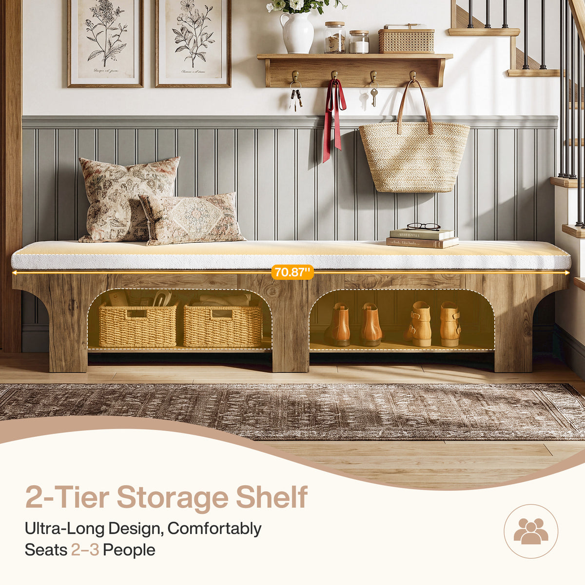 70.9" Entryway Shoe Bench with Storage Shelf & Teddy Sherpa Upholstered Seat for 2-3