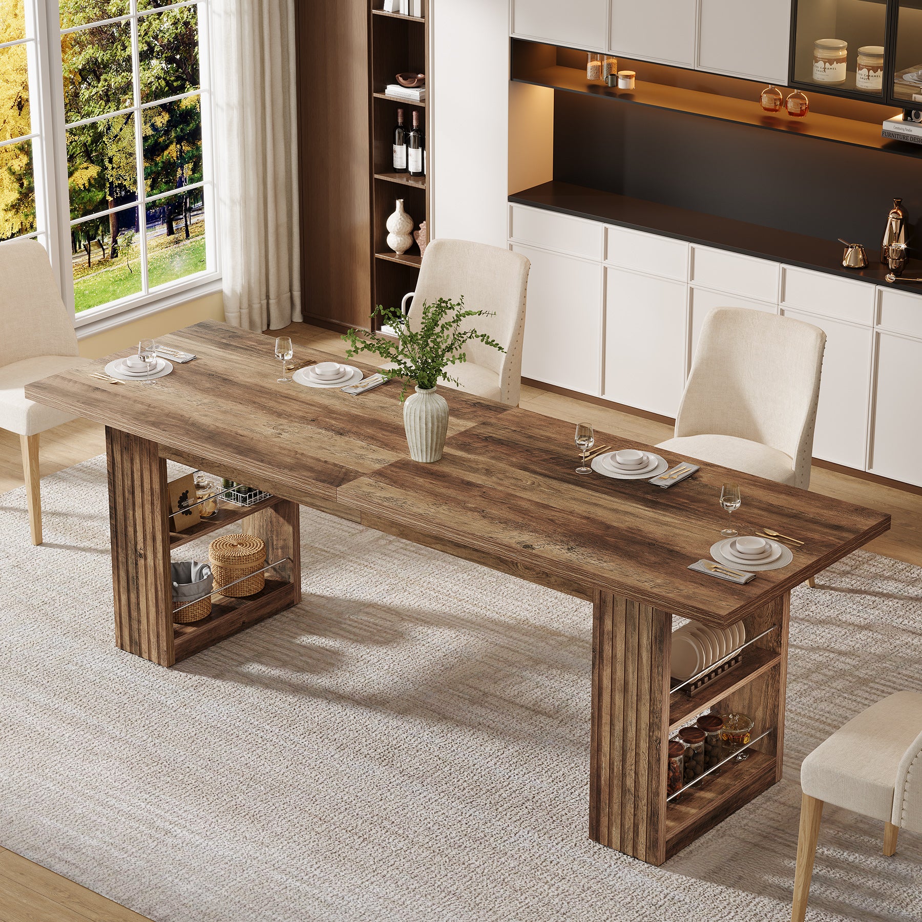 79” Farmhouse Dining Table, Large Kitchen Table with Storage Shelves for Dining Room & Kitchen