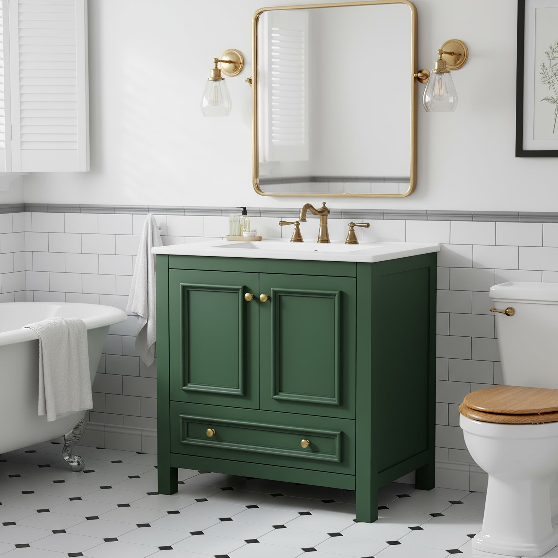 30" Bathroom Vanity, Modern Vanity Cabinet with Ceramic Basin and 1 Drawer