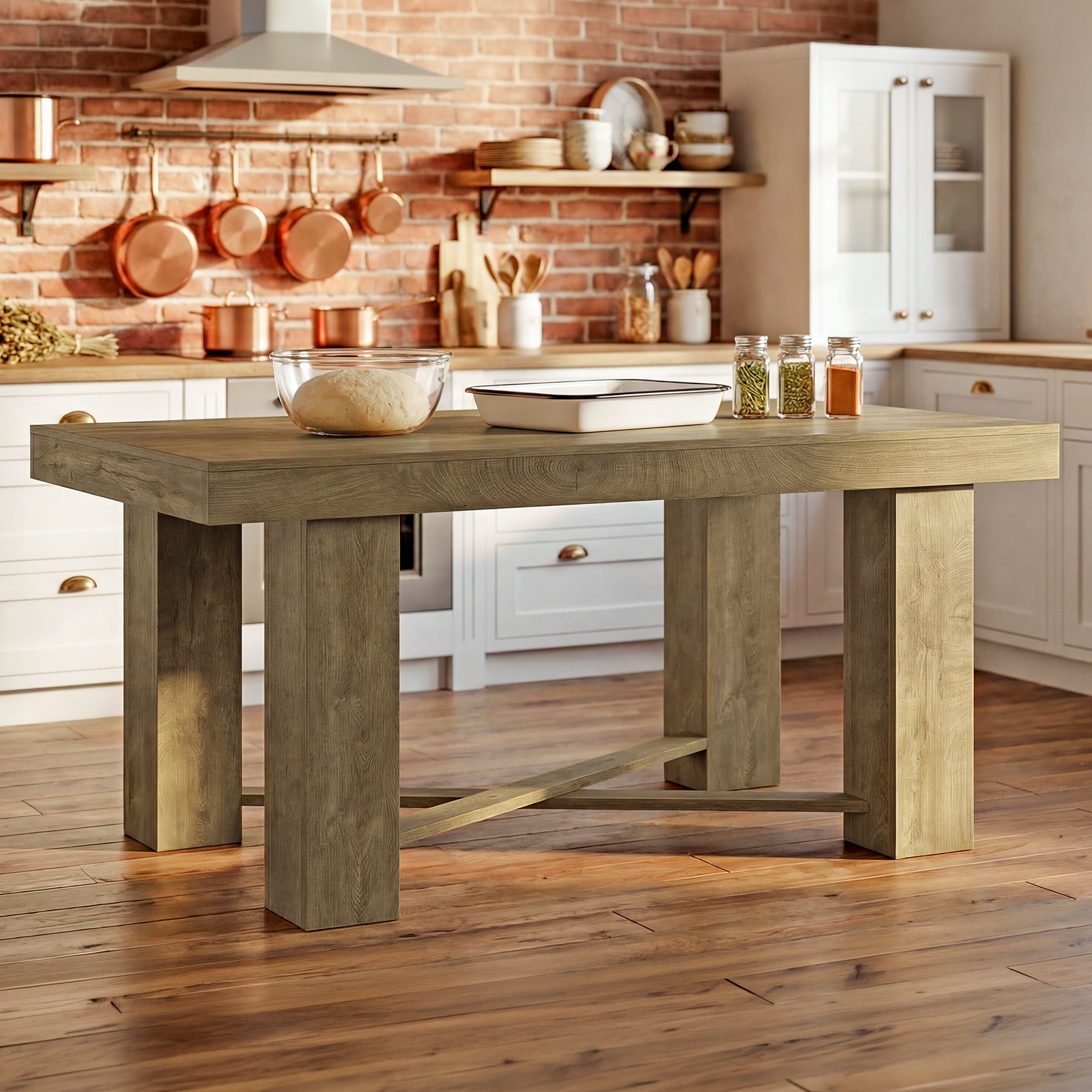 55 Inch Kitchen Island Table Counter Height, Farmhouse Prep Table with Thick Wood Top