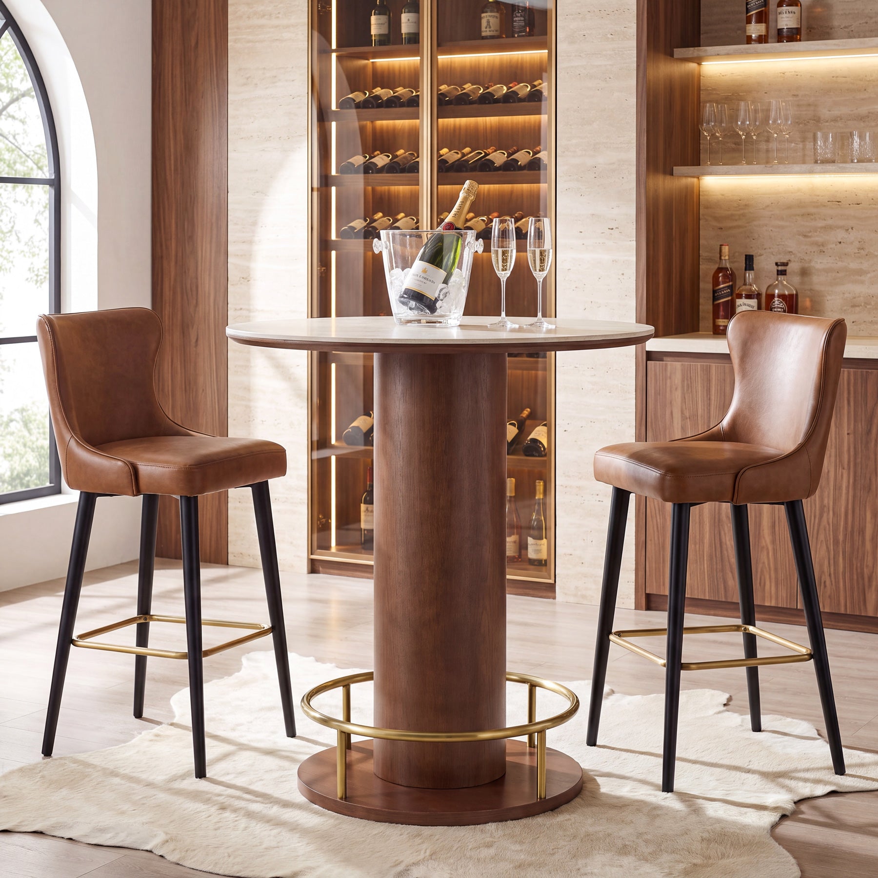 31.5" Round Counter Height Bar Table with Sintered Stone Top, Modern Bistro Table with Solid Wood Pedestal Base