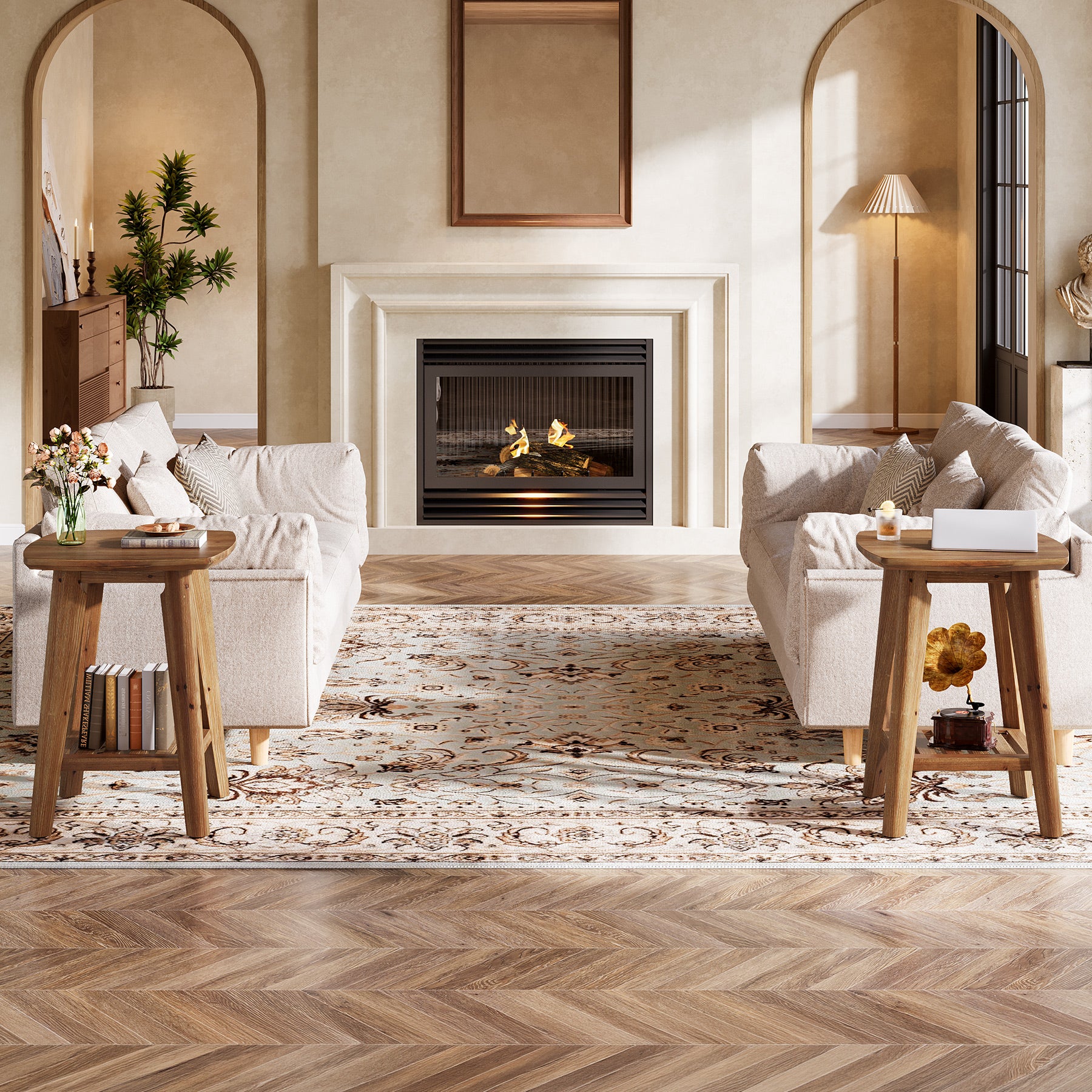 19.69" Square Side Table with 2-Tier Storage Shelf, Solid Wood End Table for Living Room and Sofa Side