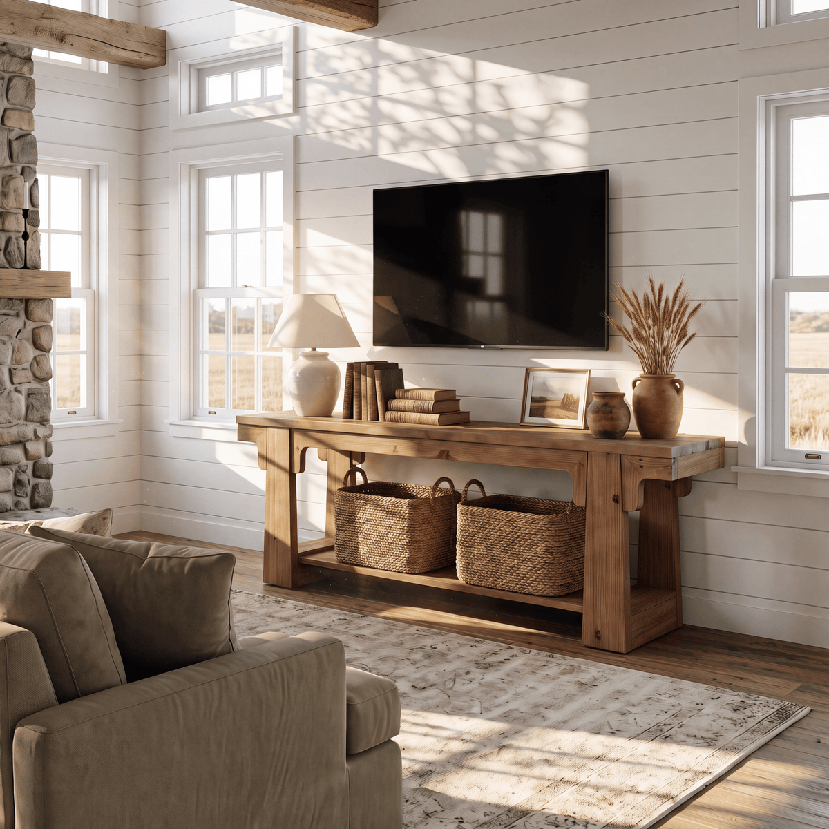 63" Farmhouse Solid Wood TV Stand for 75" TV, 2-Tier Open Shelf, Living Room