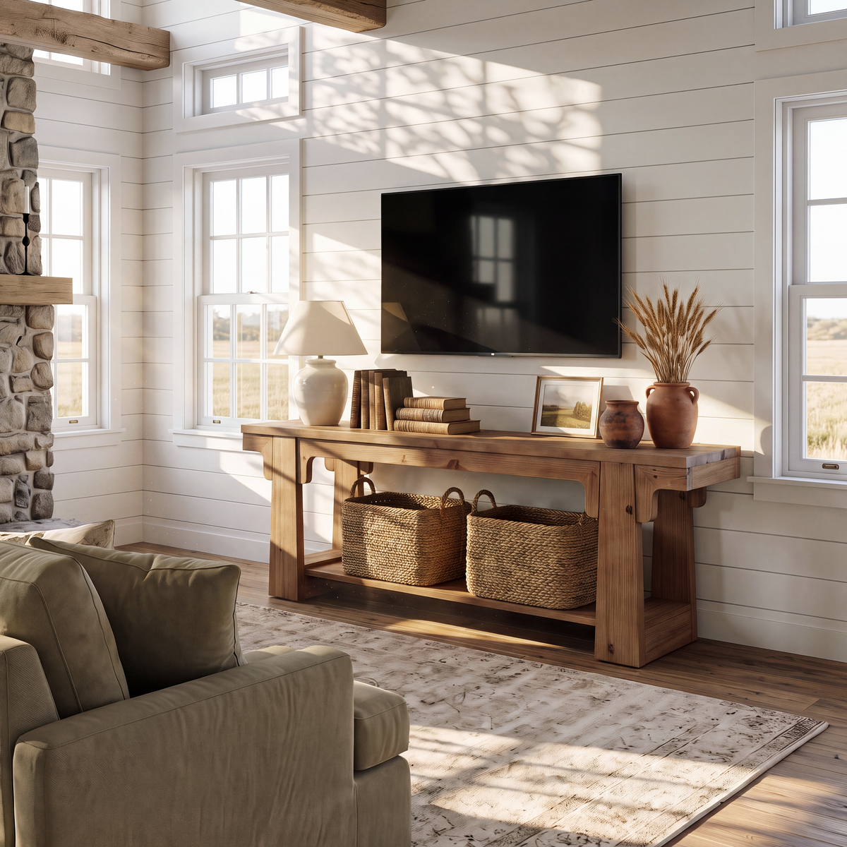 63" Farmhouse Solid Wood TV Stand for 75" TV, 2-Tier Open Shelf, Living Room