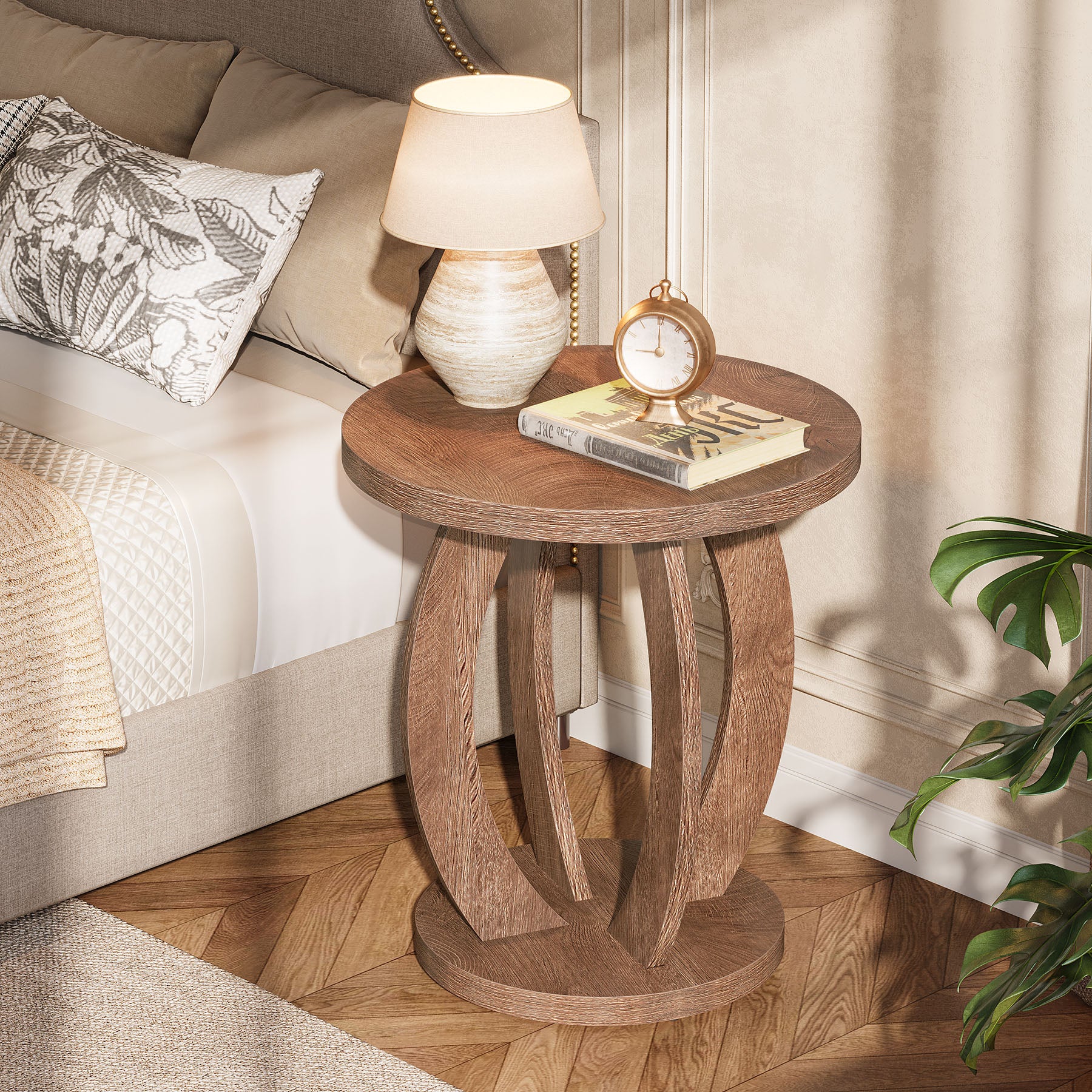 Round Nightstand with Storage, Large Bedside Table for Bedroom