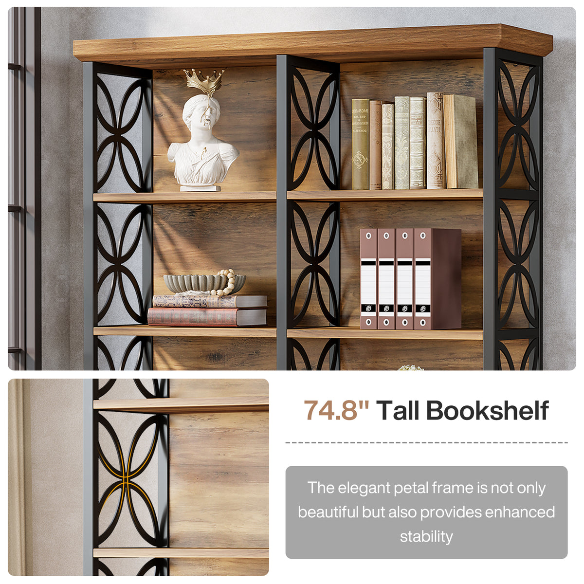 75" Industrial 6-Tier Bookcase, 10-Cube Metal Frame Freestanding Bookshelf, Home Office