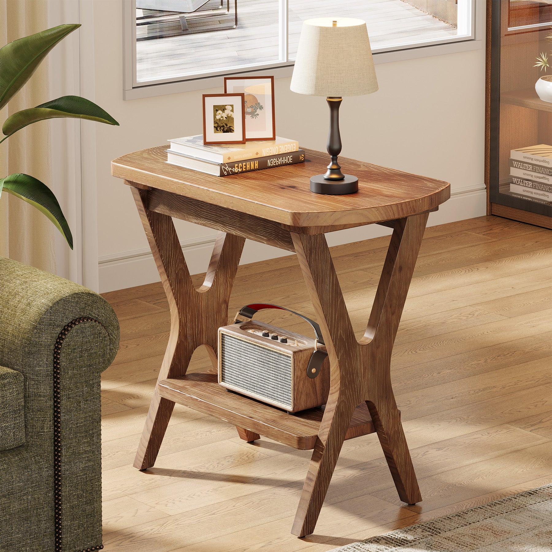 Solid Wood Side Table, 2-Tier End Table Nightstand with Storage for Living Room