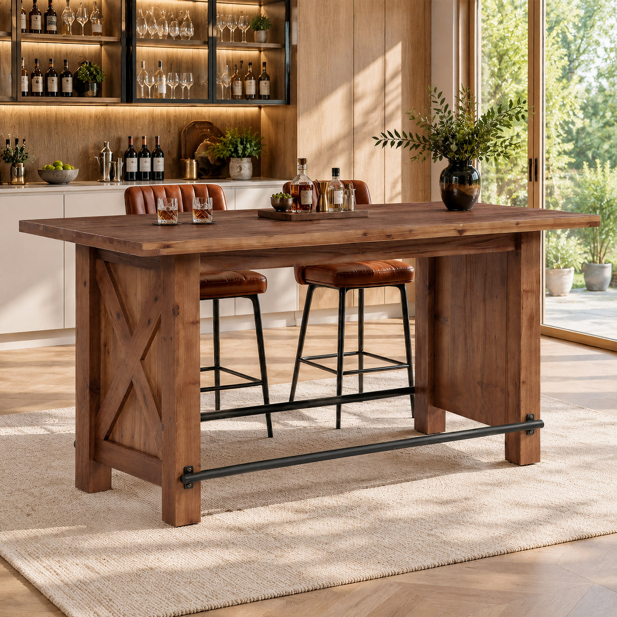 63" Solid Wood Counter Height Bar Table with Footrest, Rectangular Pub Table
