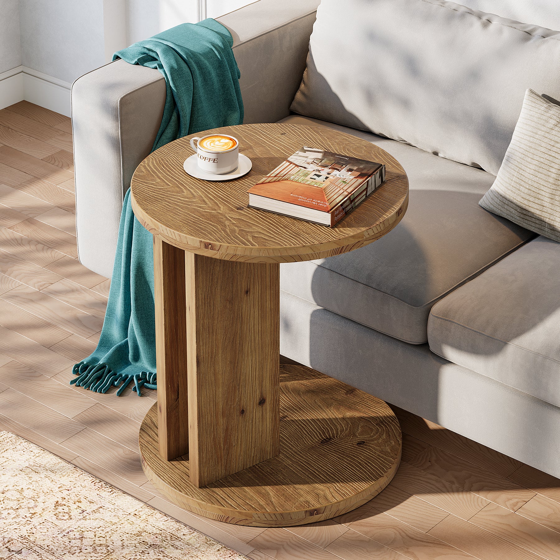 Solid Wood End Table, C-Shaped Round Side Table for for Living Room