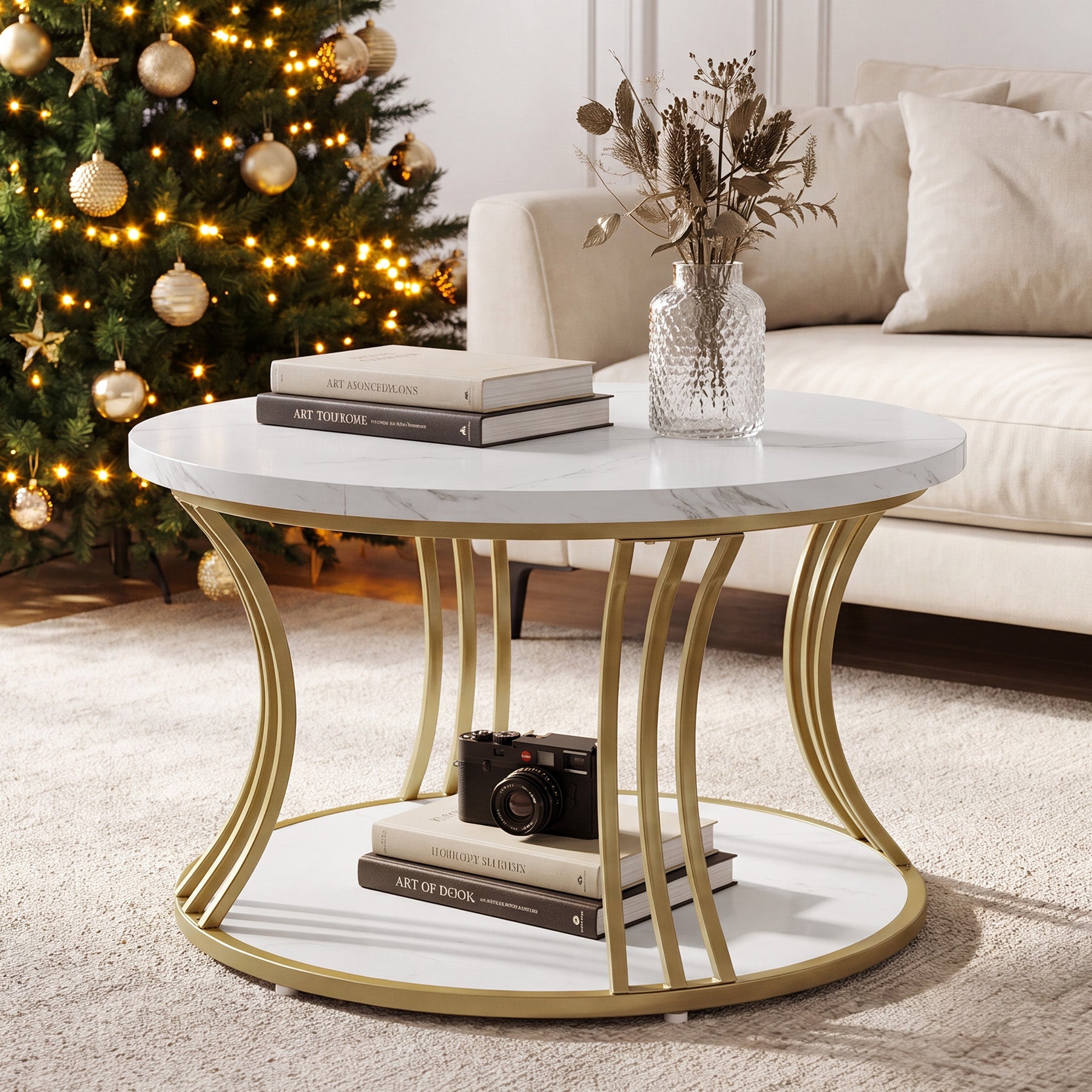 31.5" Round Coffee Table, 2-Tier Modern Faux Marble Center Cocktail Table