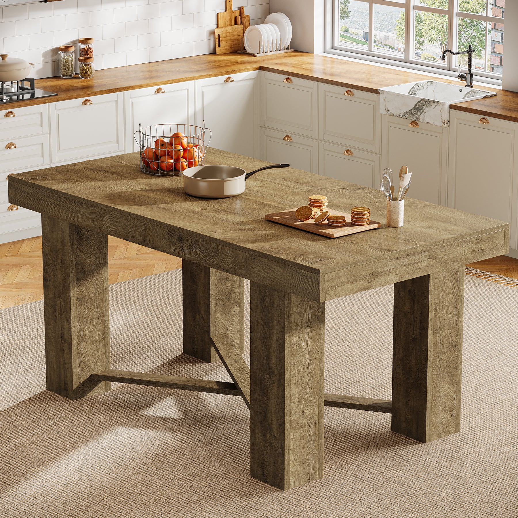 55 Inch Kitchen Island Table Counter Height, Farmhouse Prep Table with Thick Wood Top