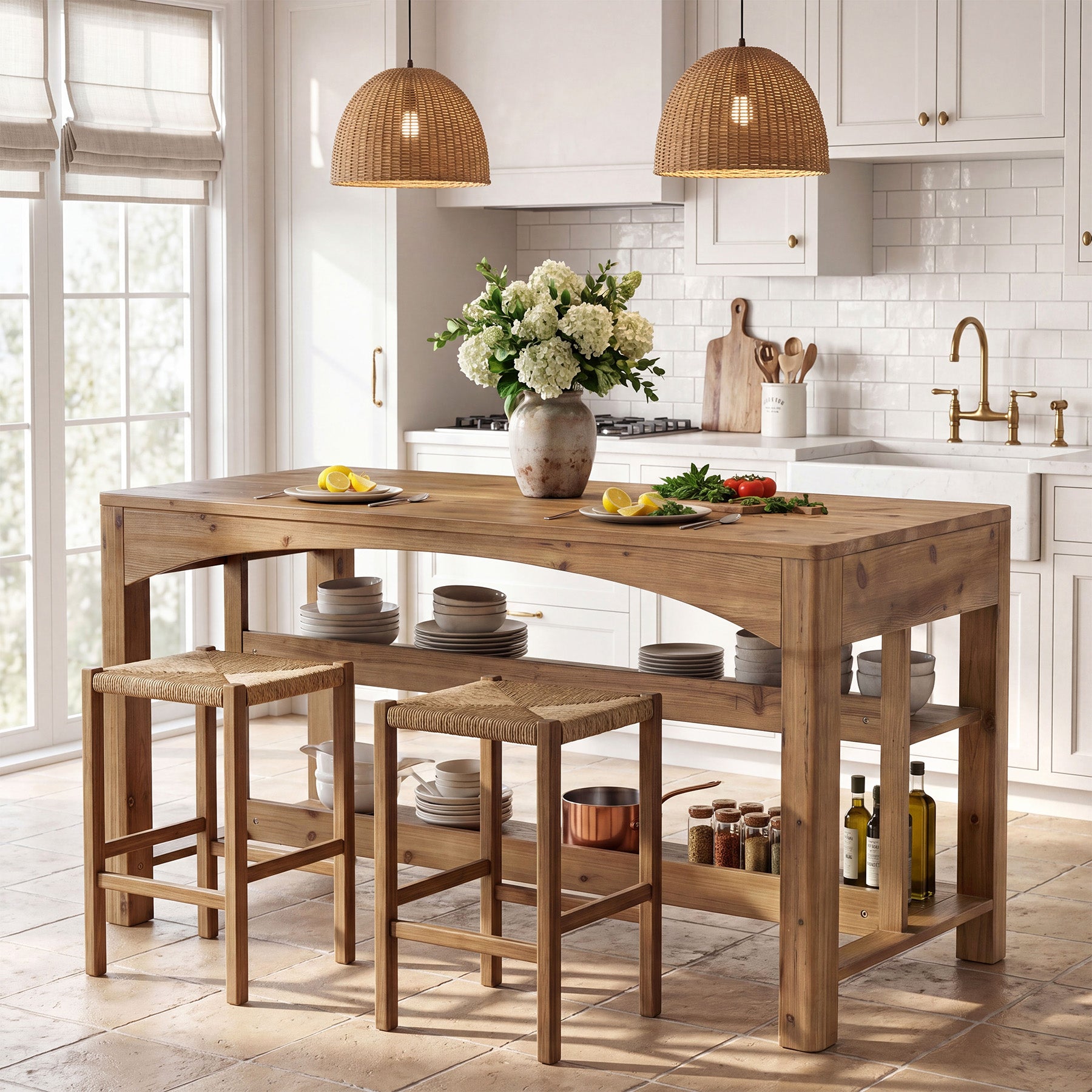 Tribesigns 59-Inch Kitchen Island, Solid Wood Island Table with 3-Tier Storage for Kitchen Dining Room
