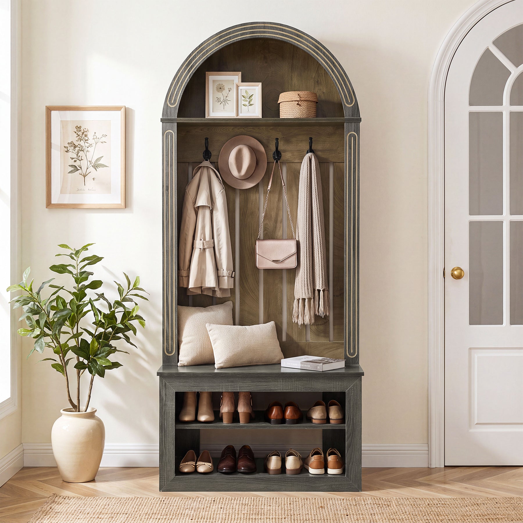 71" Hall Tree with Bench & Shoe Storage, Farmhouse Entryway Coat Rack, 4 Hooks, Open Shelf